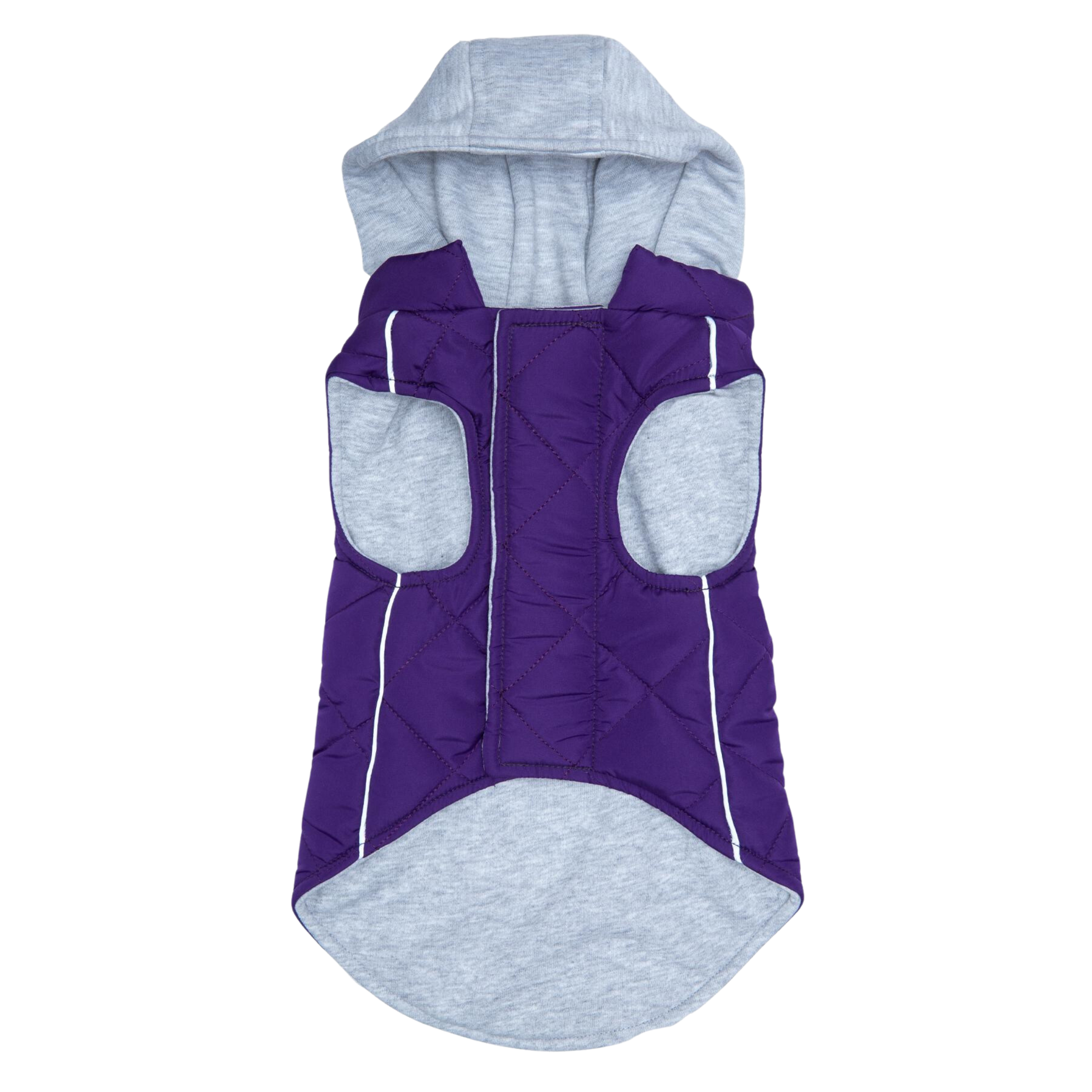 Purple and gray quilted dog coat with a hood on a white background