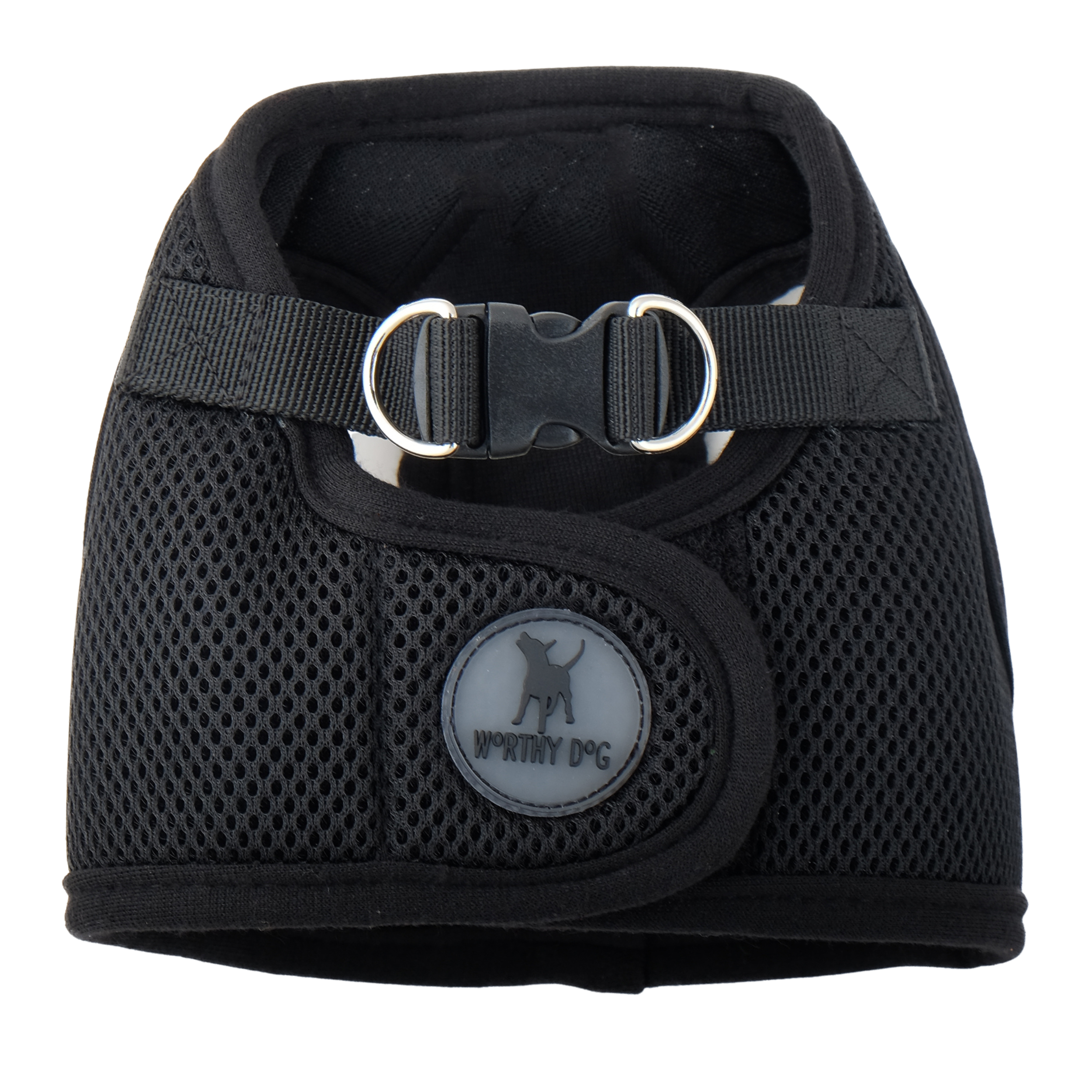 Black dog harness with a visible brand logo on a white background