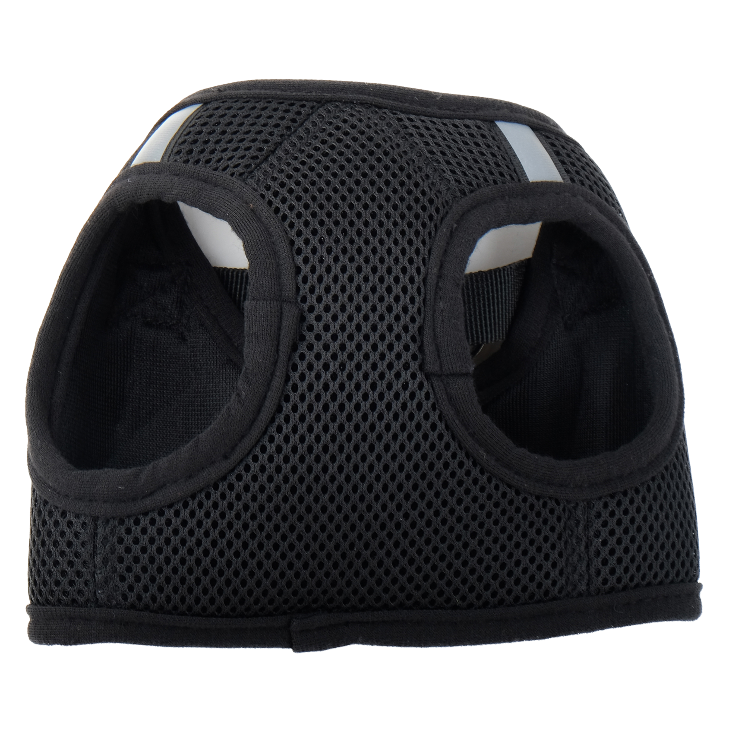 Black pet harness with mesh design on a white background