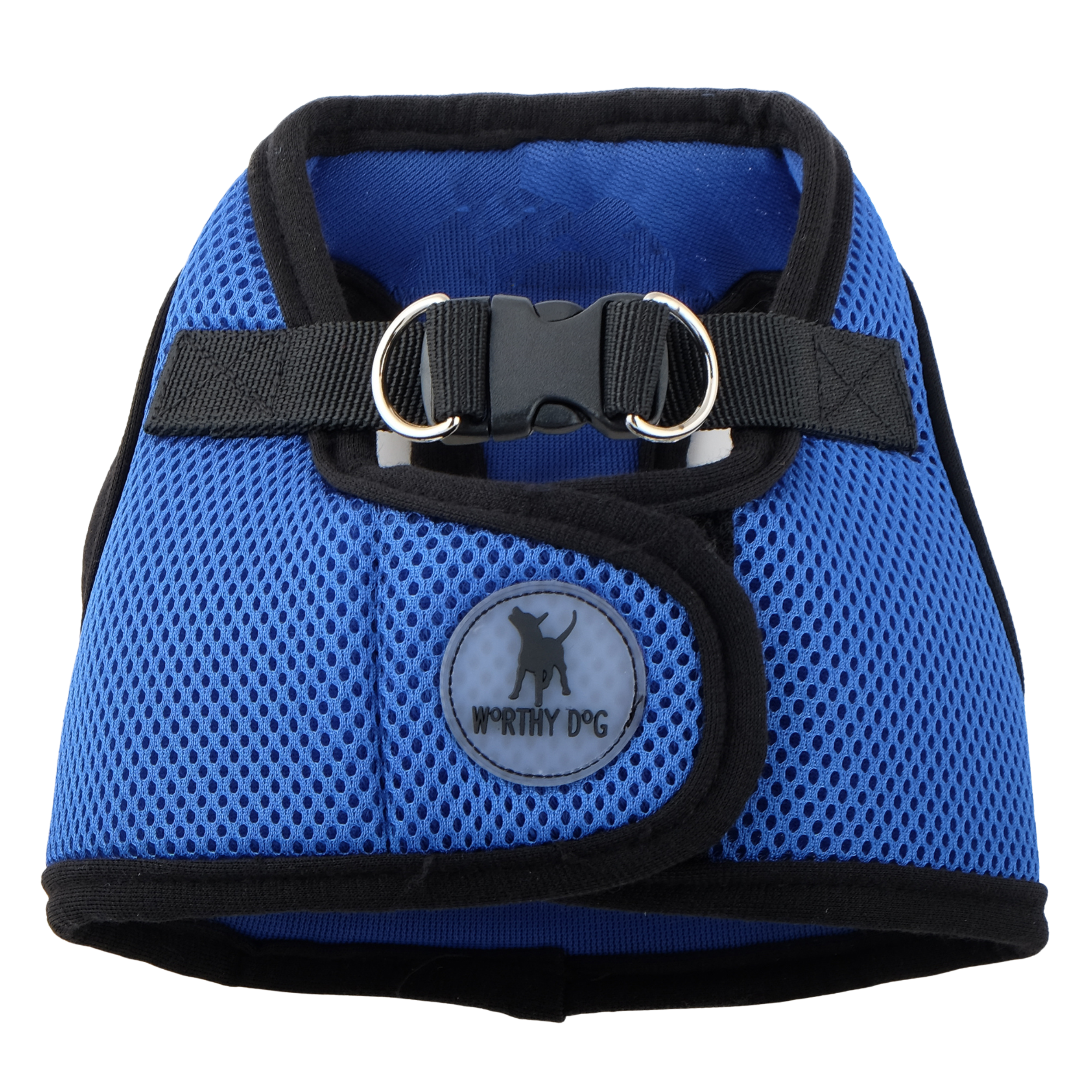 Blue dog harness with black straps and a visible brand logo on a white background