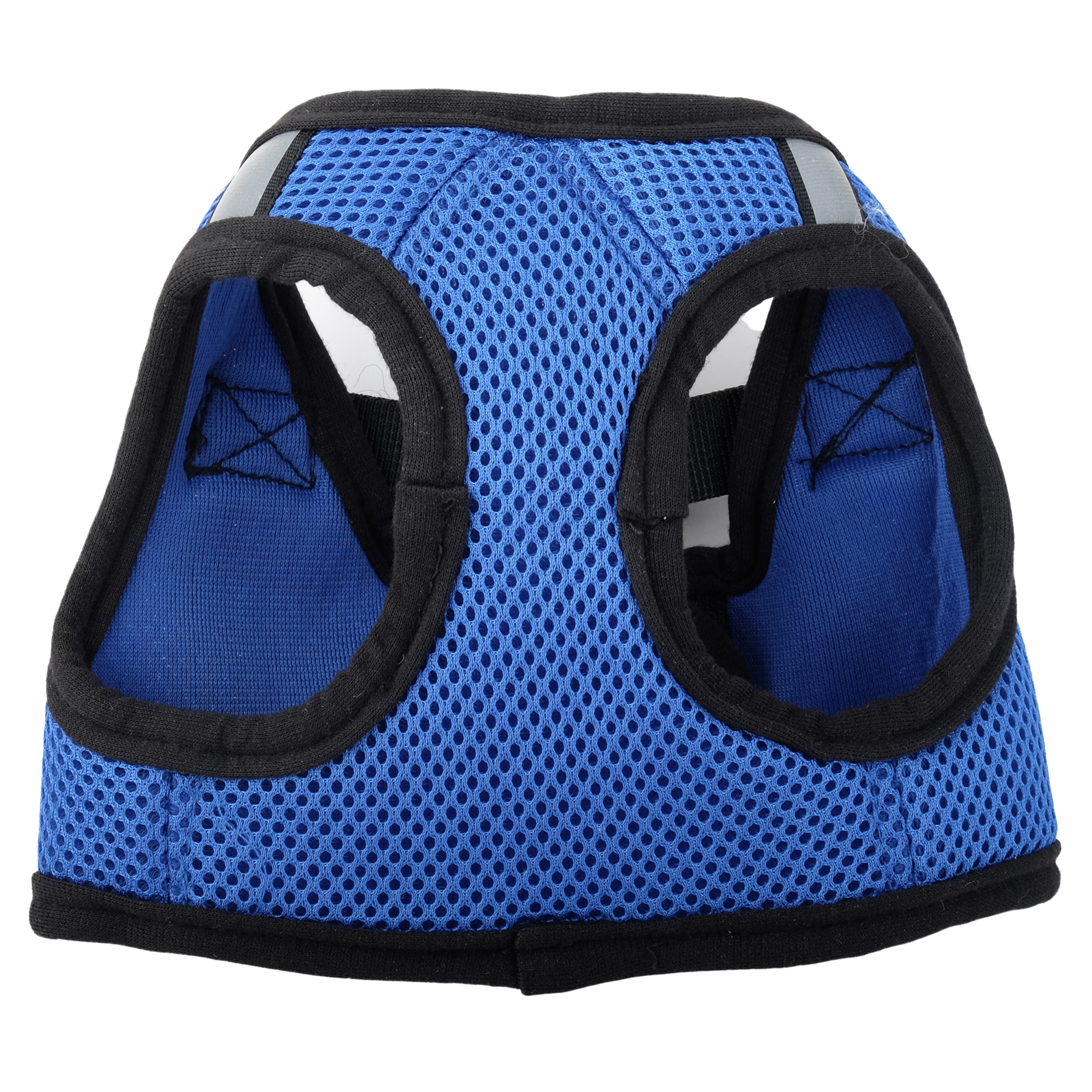 Blue pet harness with black trim on a white background