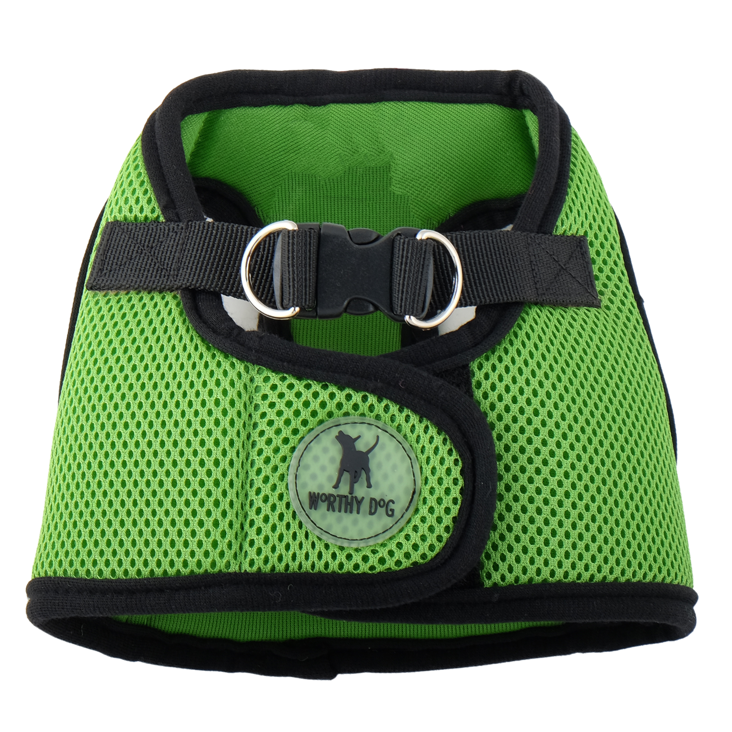 Green dog harness with black trim on a white background
