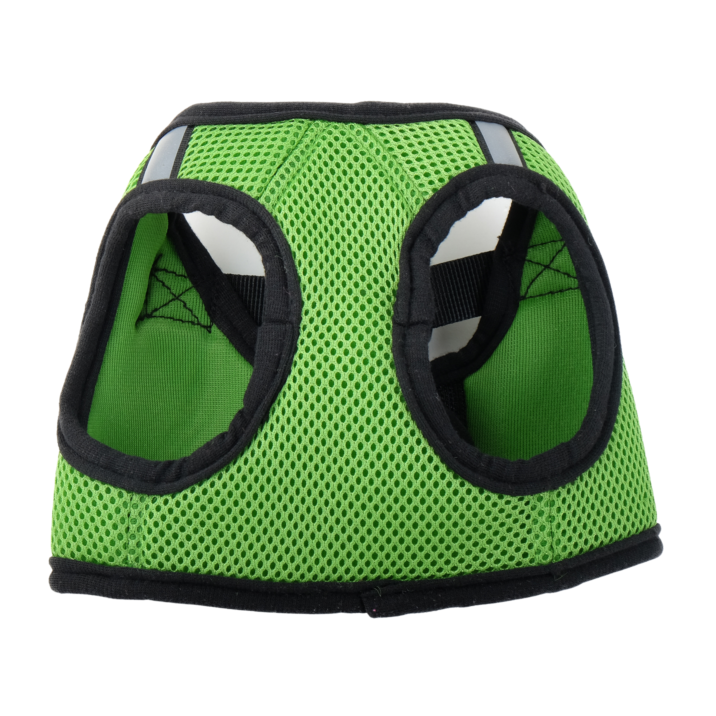 Green mesh pet vest with black trim on a white background