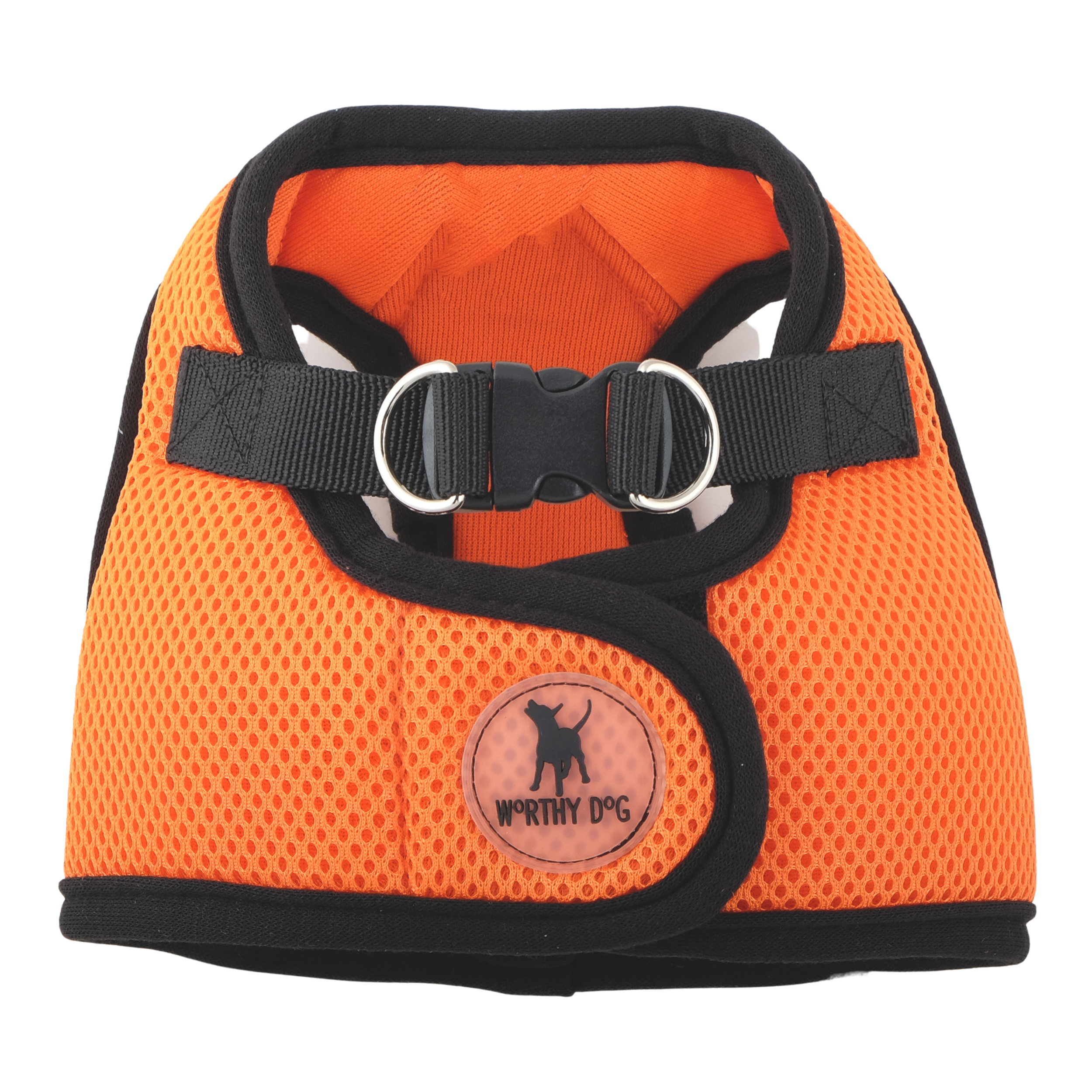 Orange dog harness with black trim on a white background
