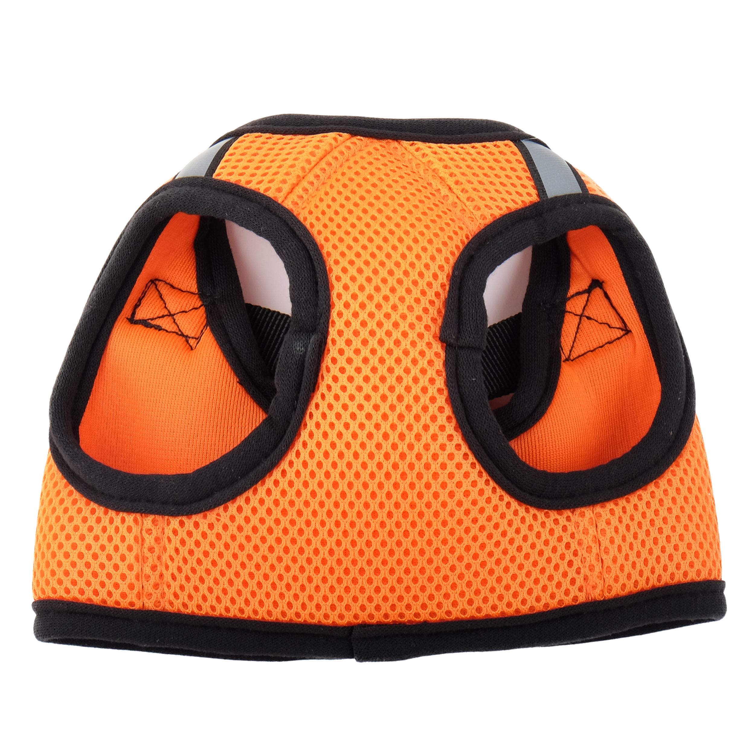 Orange dog harness with black straps on a white background