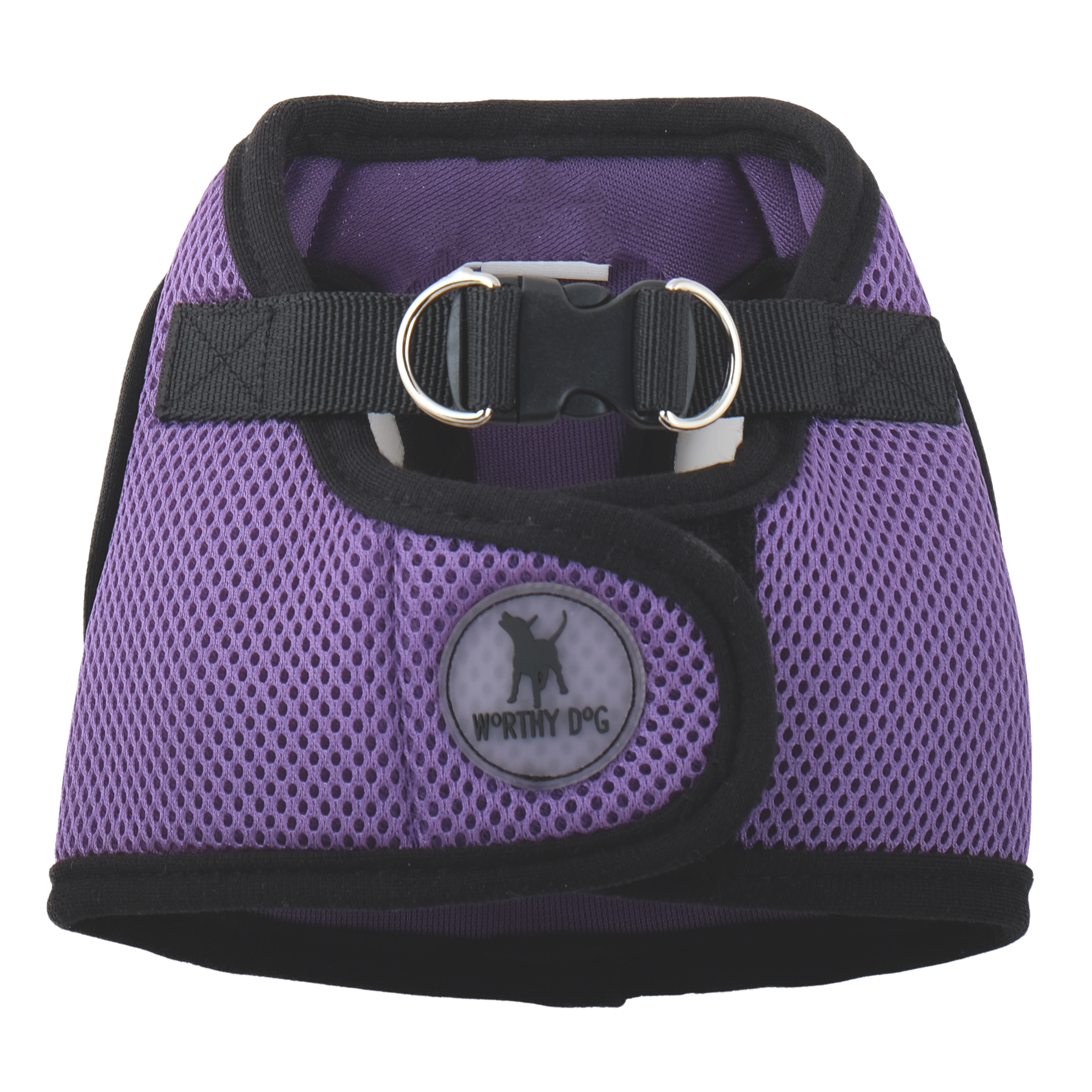 Purple dog harness with black straps on a white background