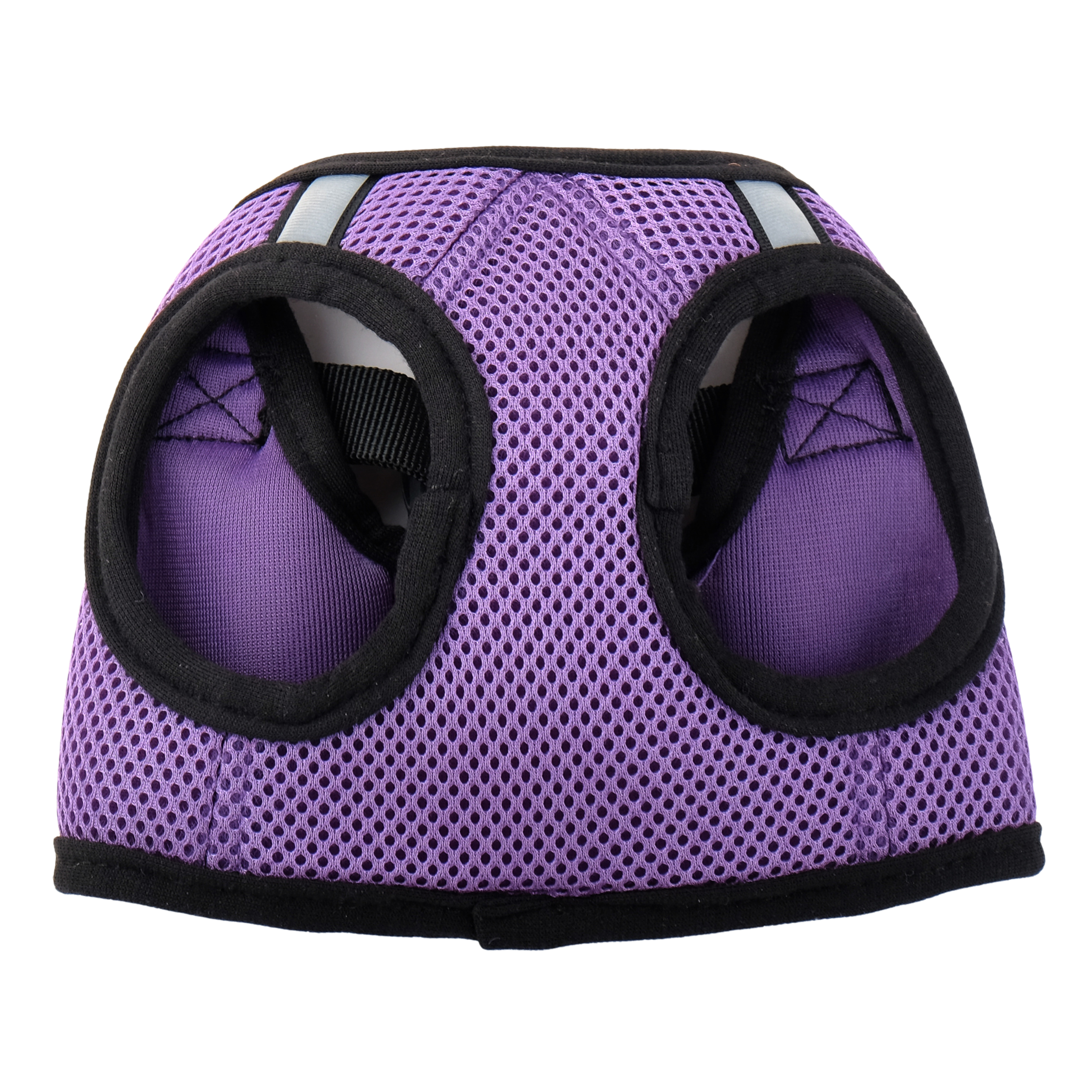 Purple pet harness with black trim on a white background