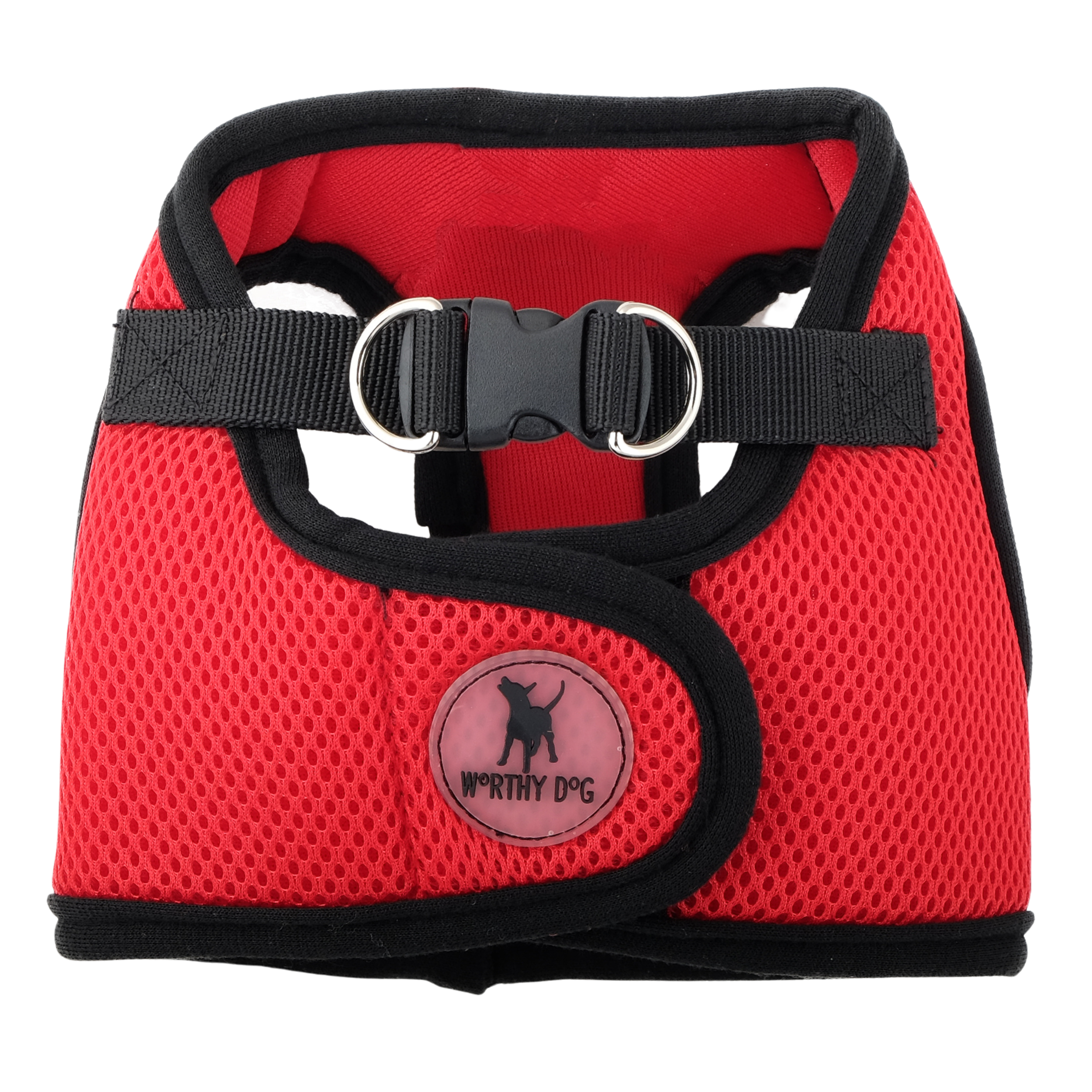 Red dog harness with black straps on a white background