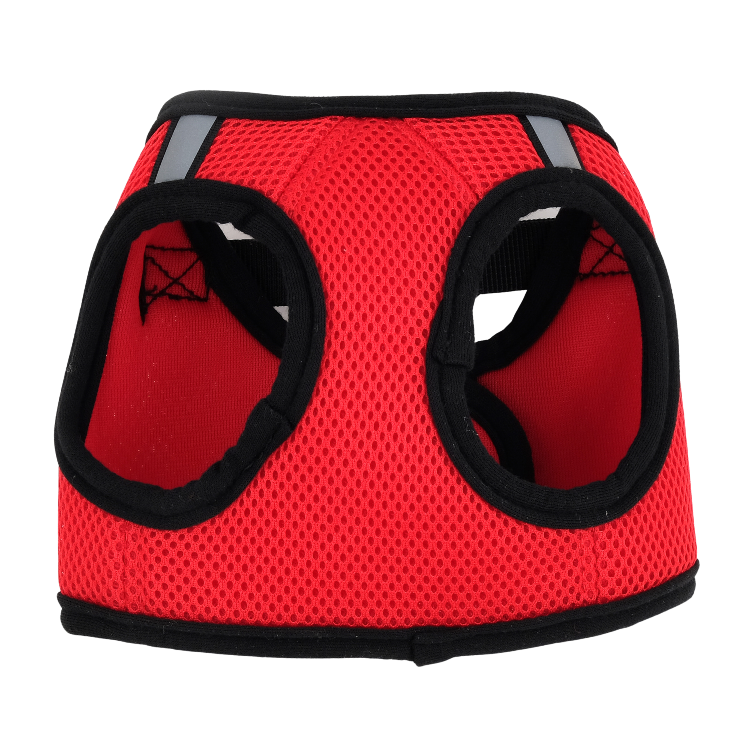Red pet harness with black trim on a white background