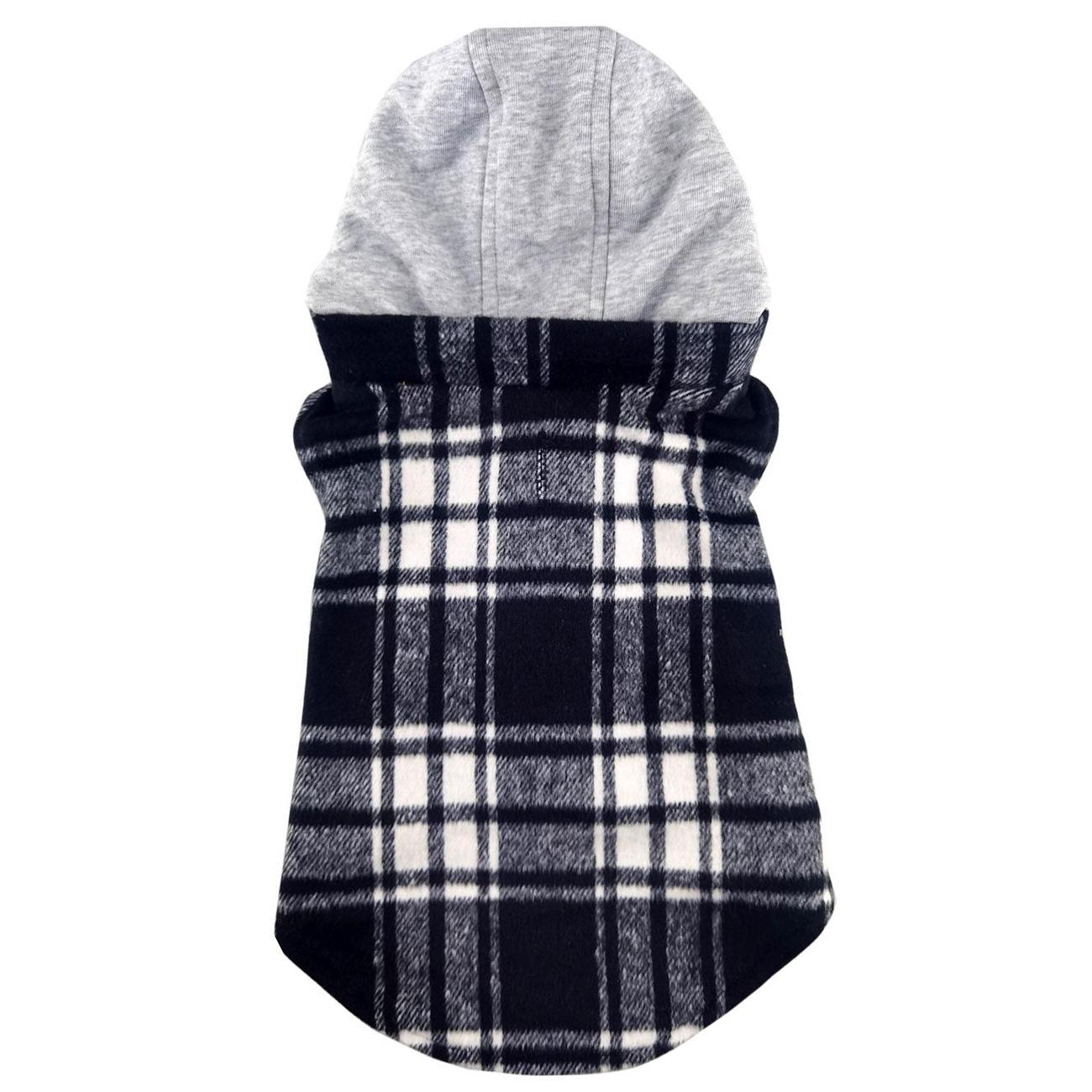 Plaid dog coat with gray hood on a white background