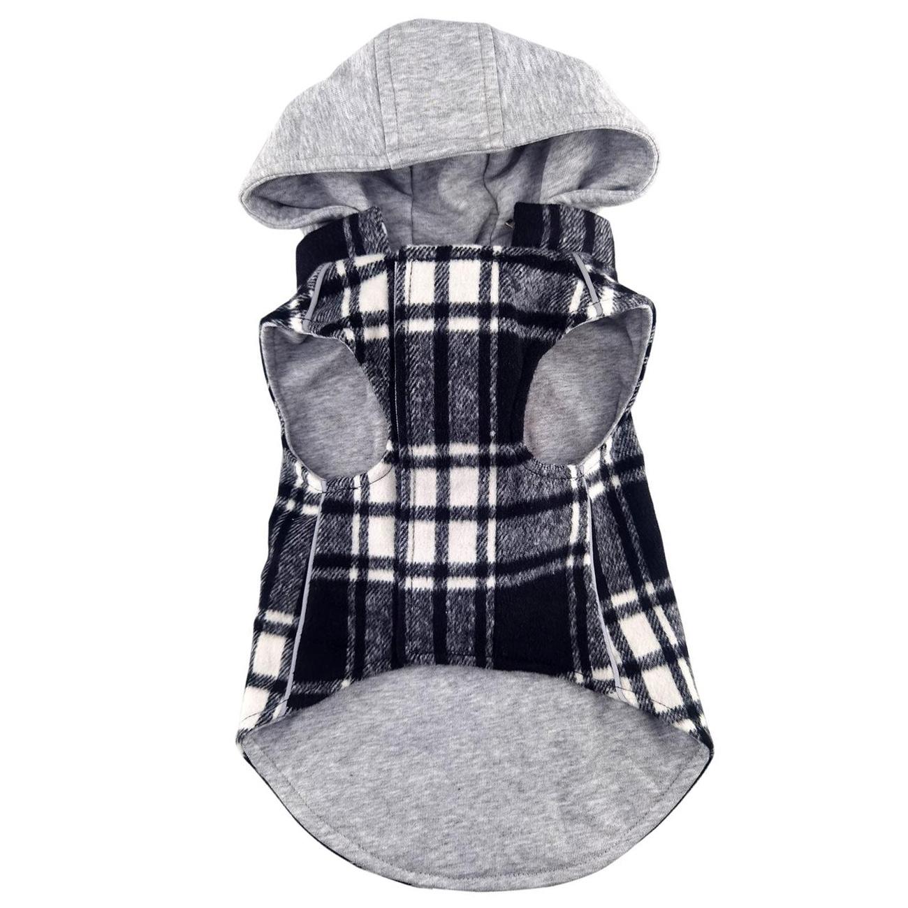 Dog coat with plaid pattern and gray hood on a white background