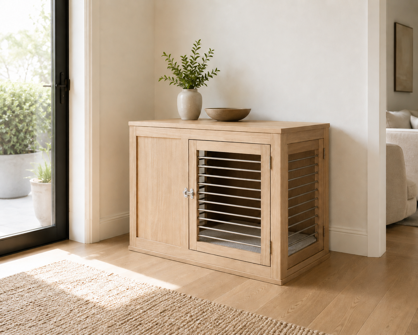 A light natural oak pet crate with a slatted door and solid side panels, styled in a bright, modern room next to a glass door with a small plant on top.
