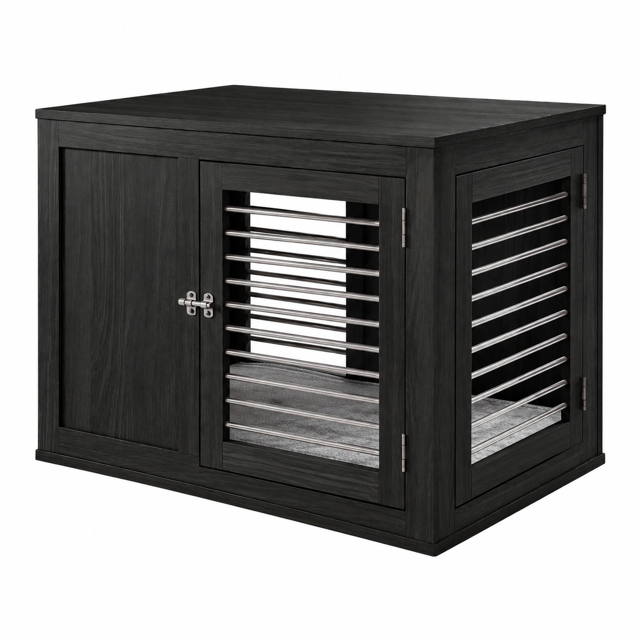 A black wooden pet crate with two doors, one solid panel and one with horizontal louvers and a clear window, on a white background.