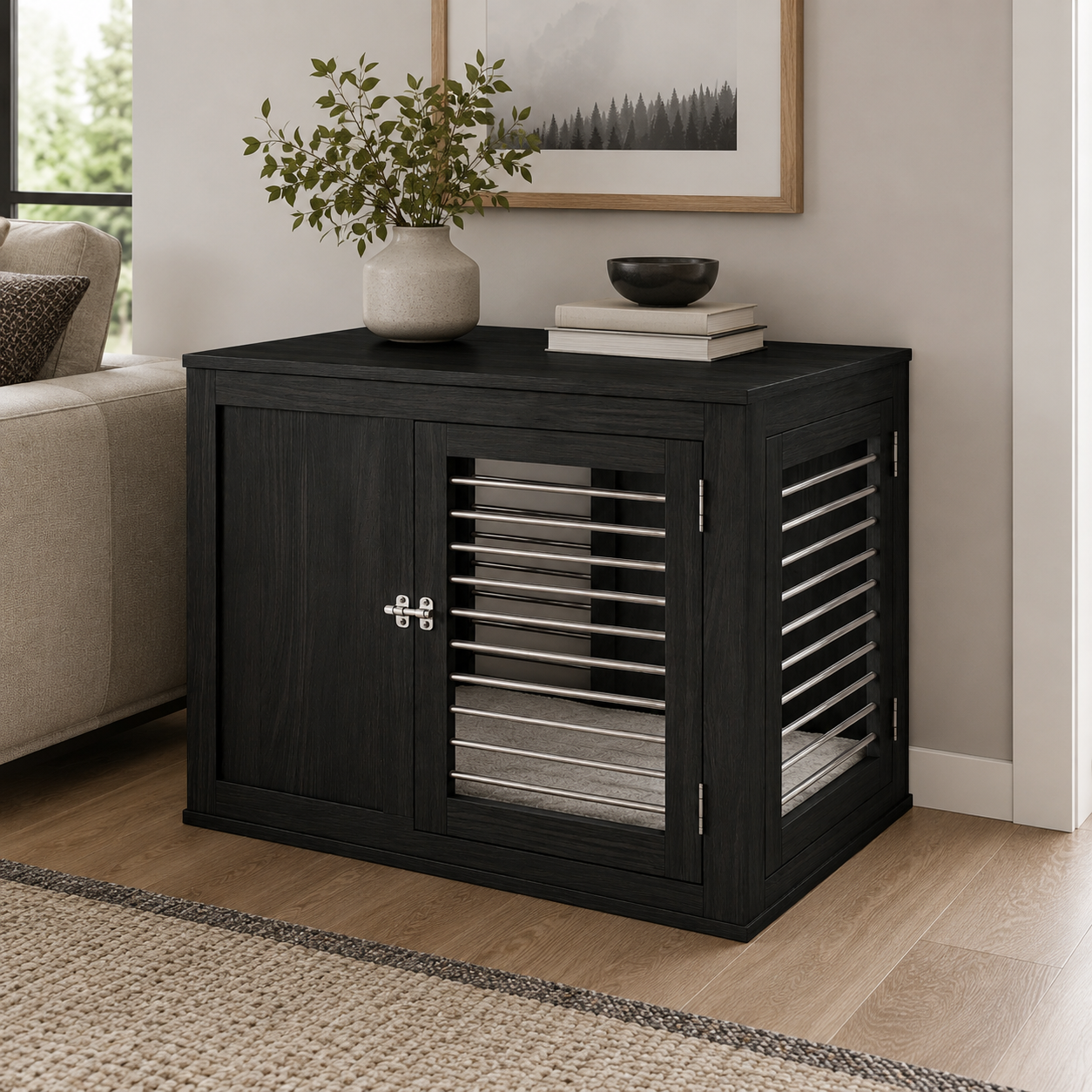 A black wooden side cabinet with two doors, one featuring a louvered glass front and the other a solid door with a silver handle, styled in a living room next to a sofa.
