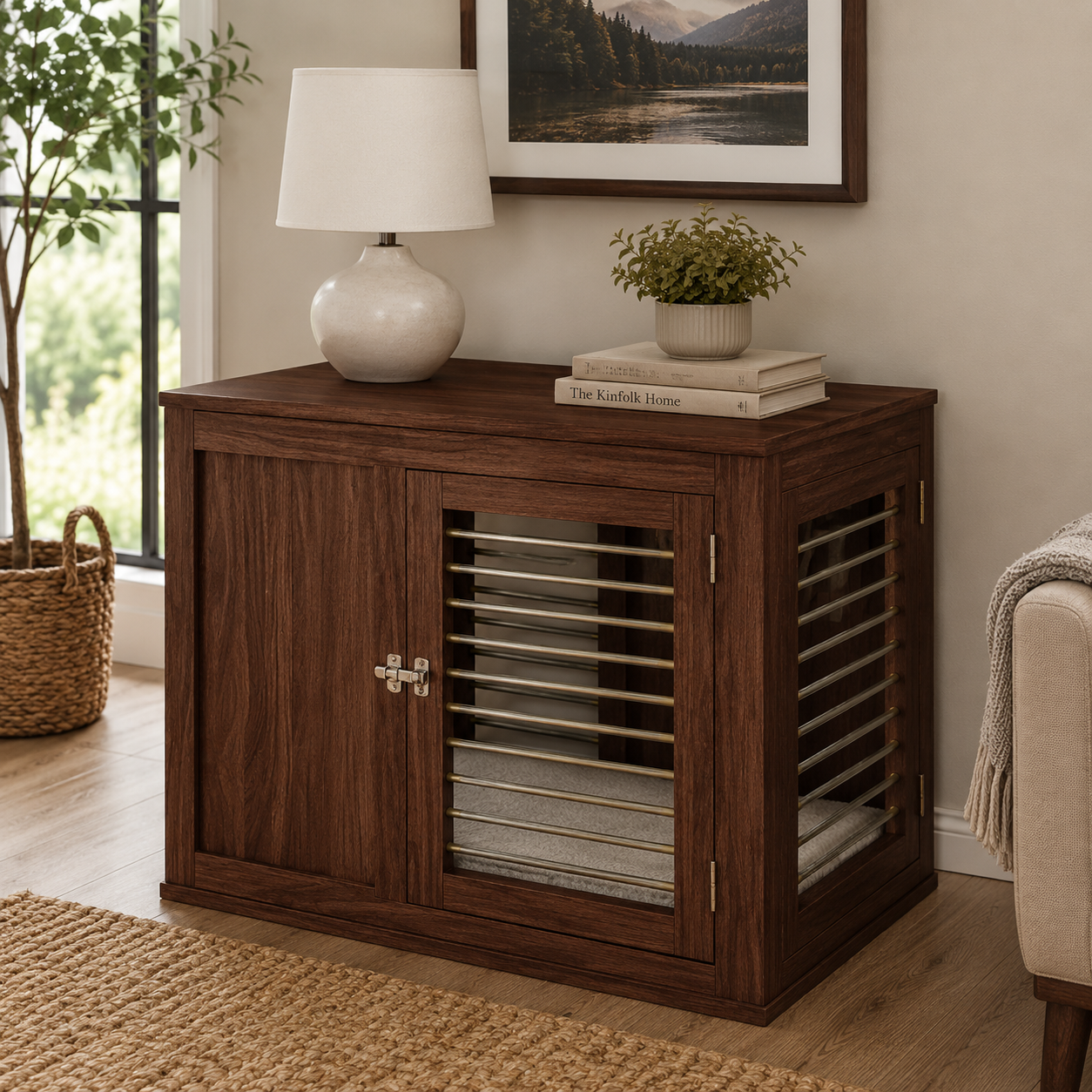 A dark brown wooden pet crate with a slatted front door and metal hinges, styled in a cozy living room setting next to a window, lamp, and small plant.