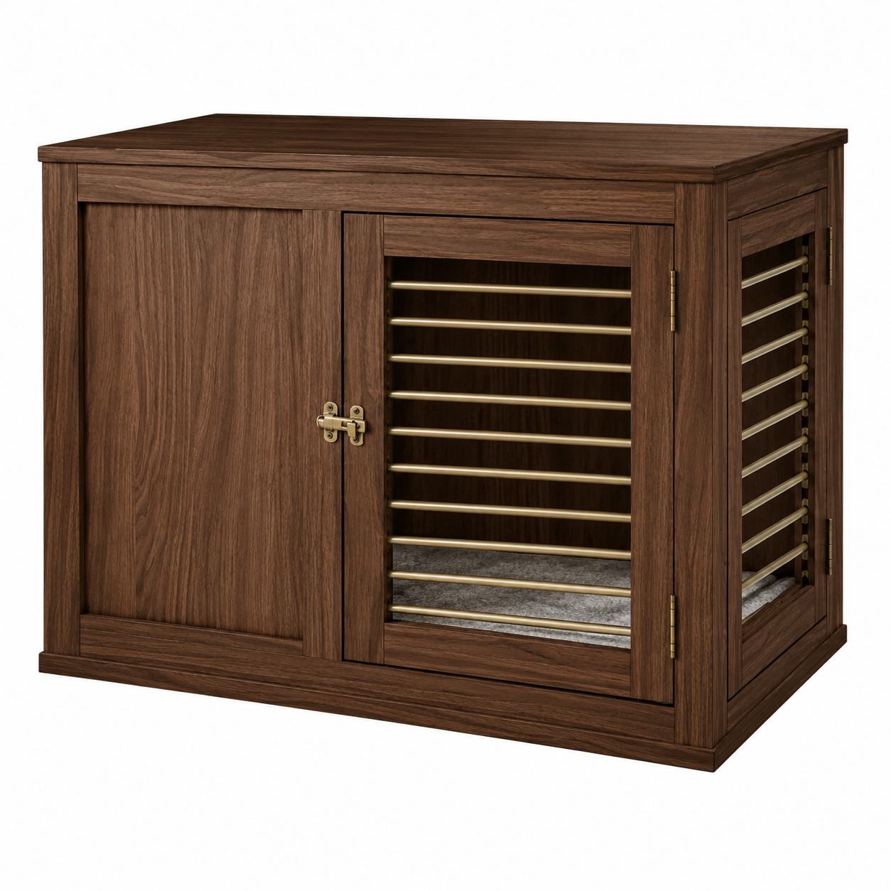 A dark brown wooden pet crate or storage cabinet with a hinged door, brass latch, and slatted side panels, shown on a plain white background.