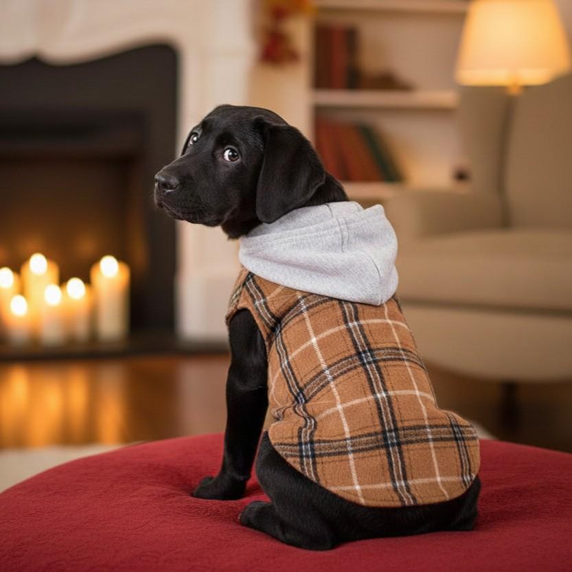 Black dog wearing a plaid coat sitting on a red surface with a cozy indoor background.