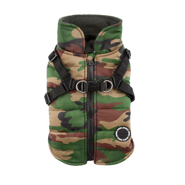 Camouflage dog vest with black straps on a white background