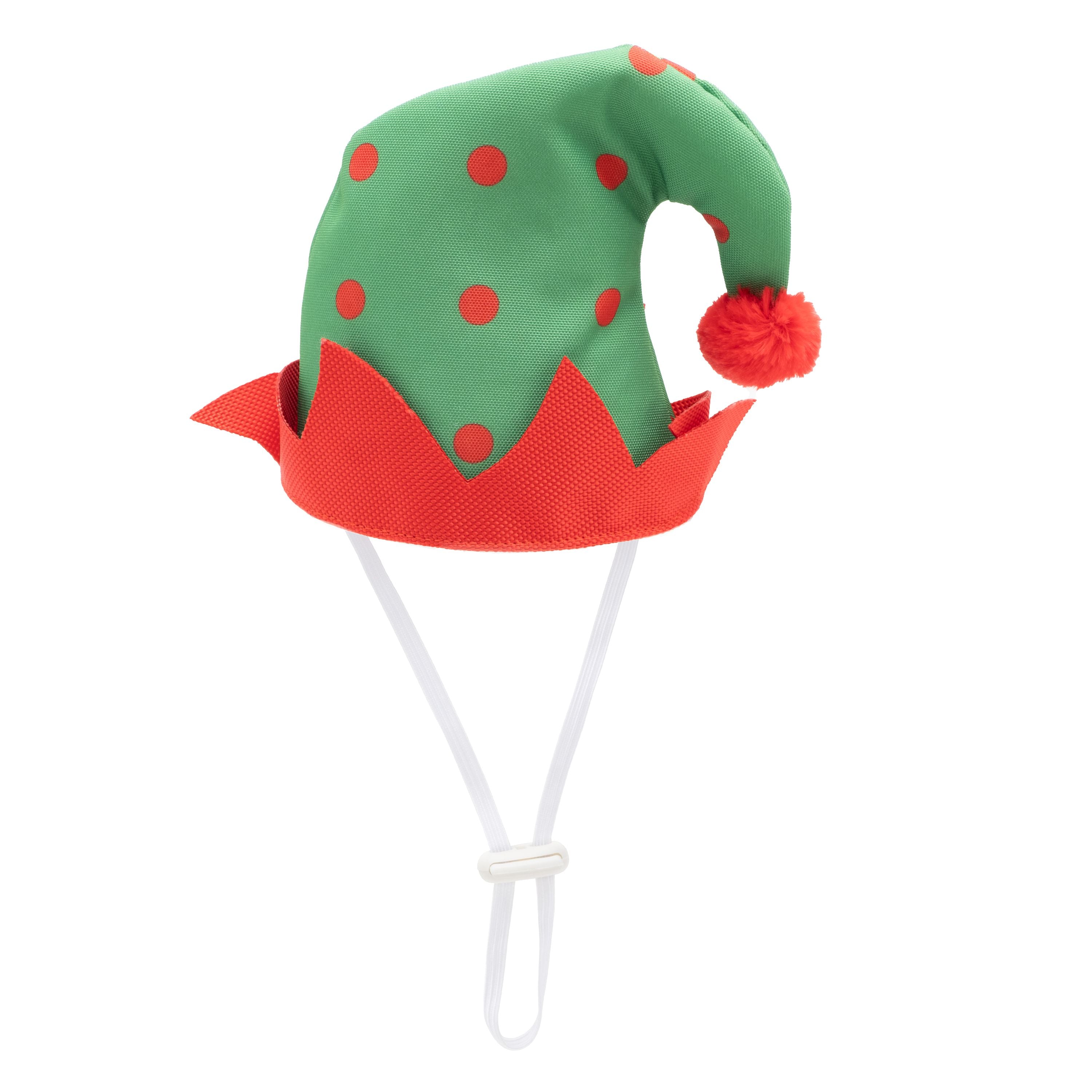 Green elf hat with red polka dots and trim on a white background