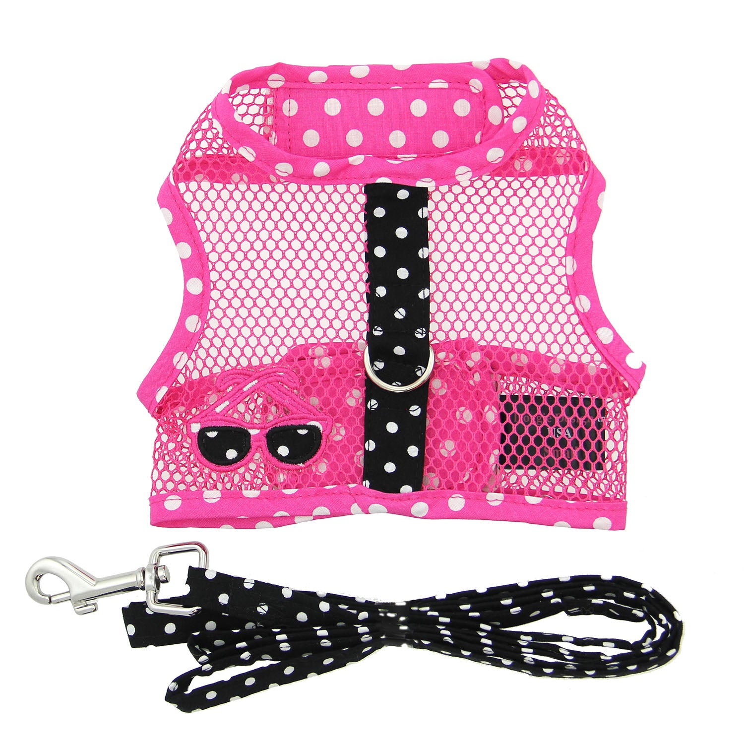 cool-mesh-dog-harness-under-sea-collection-pink-black-polka-dot-sunglasses