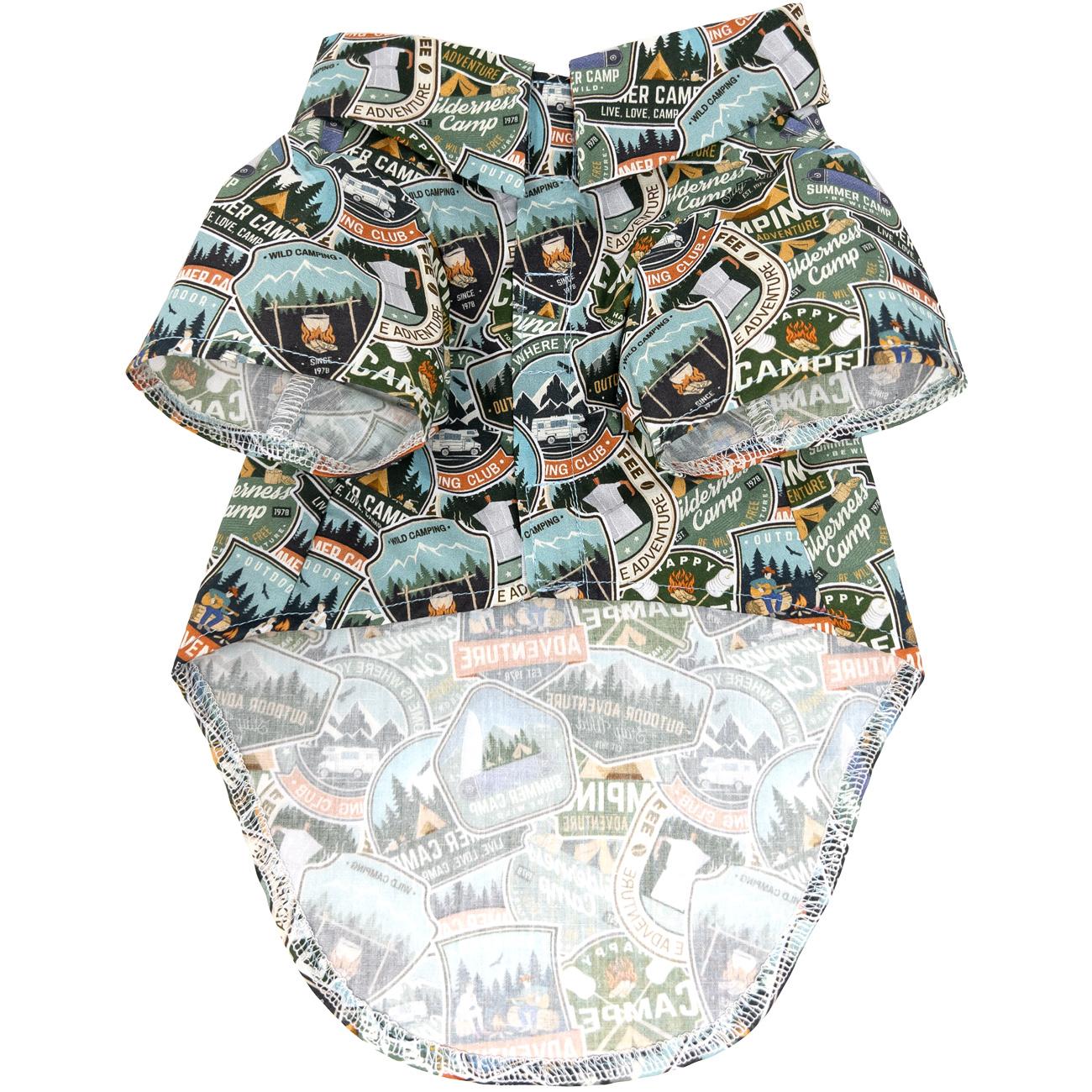 Patterned shorts with camping-themed design on a white background