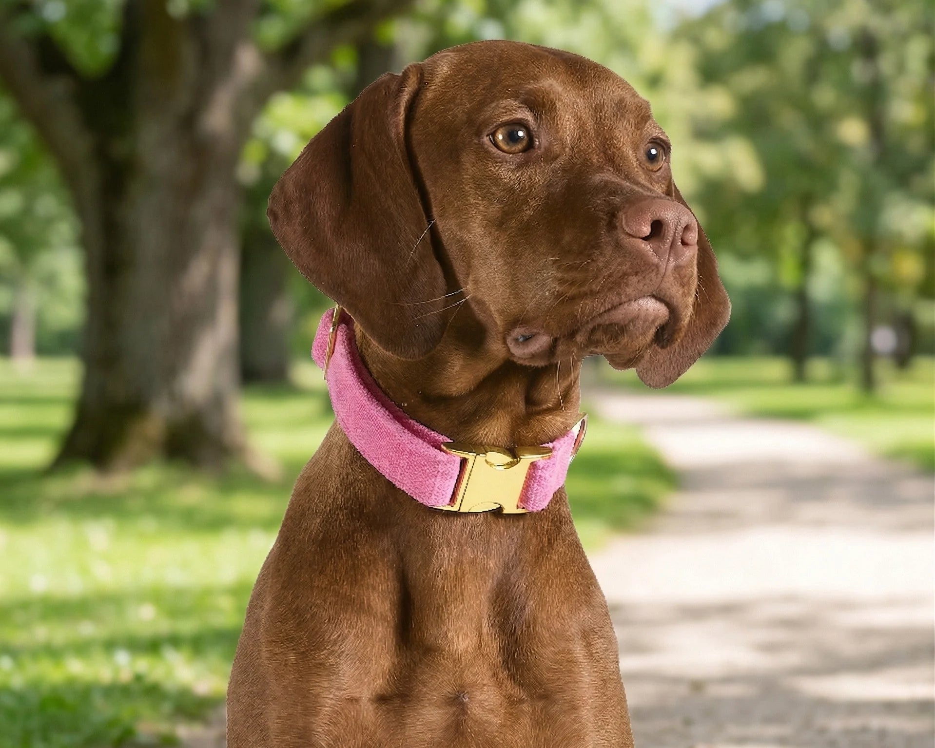Brown dog wearing a pink collar with a gold buckle in a park setting