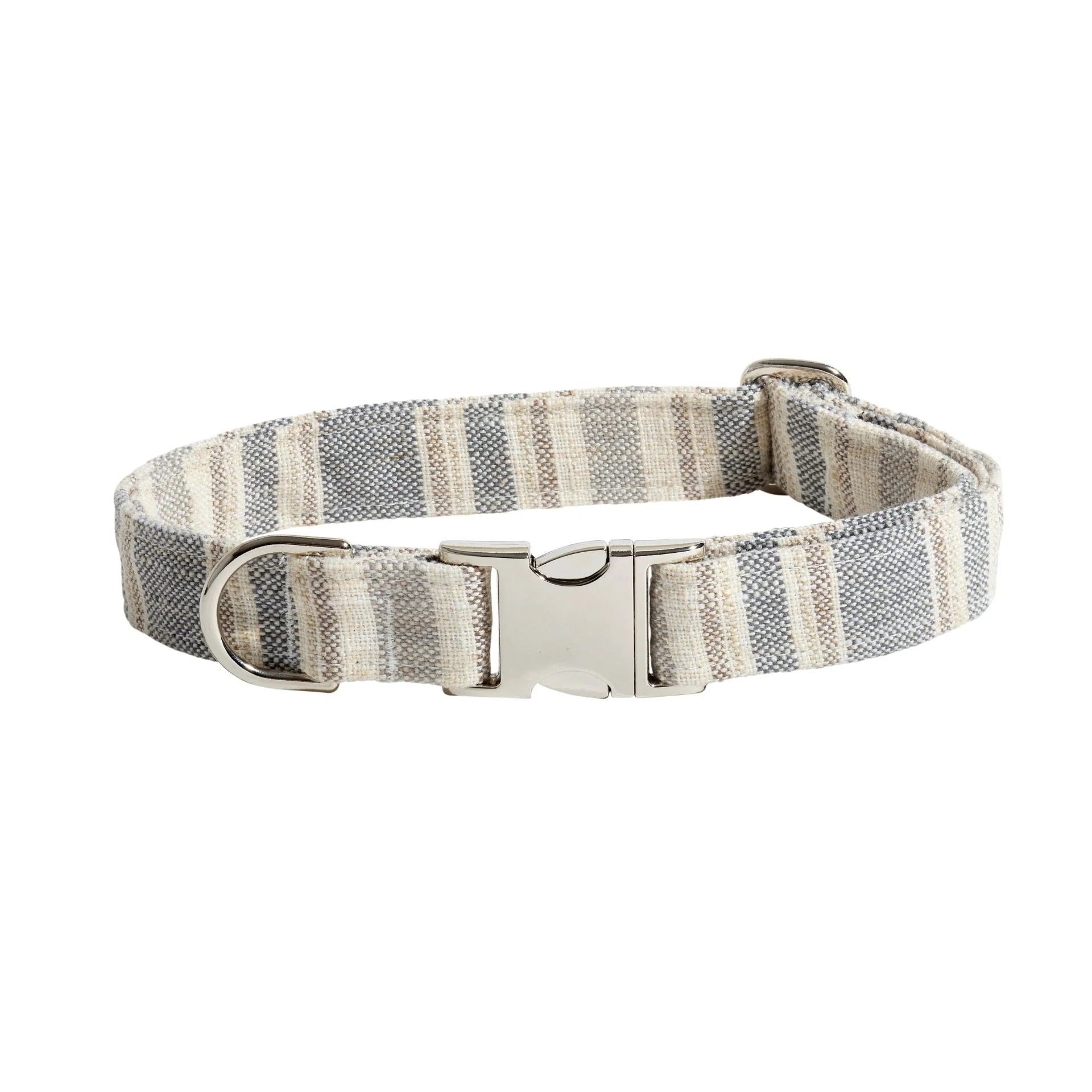 Striped dog collar with a metal buckle on a white background