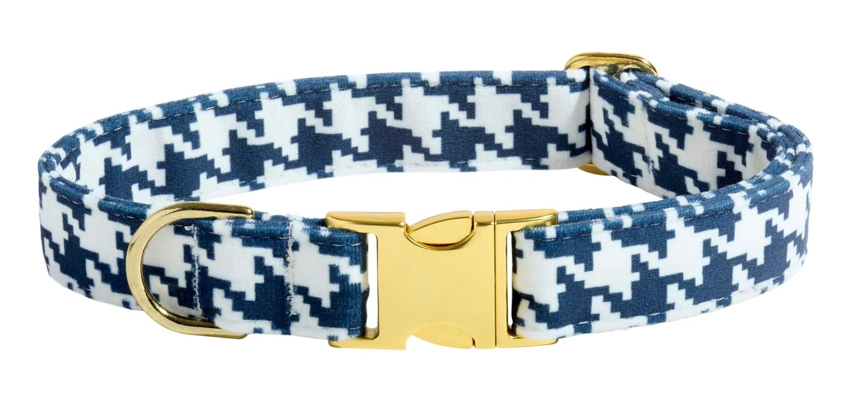 Dog collar with blue and white pattern and gold buckle on a white background