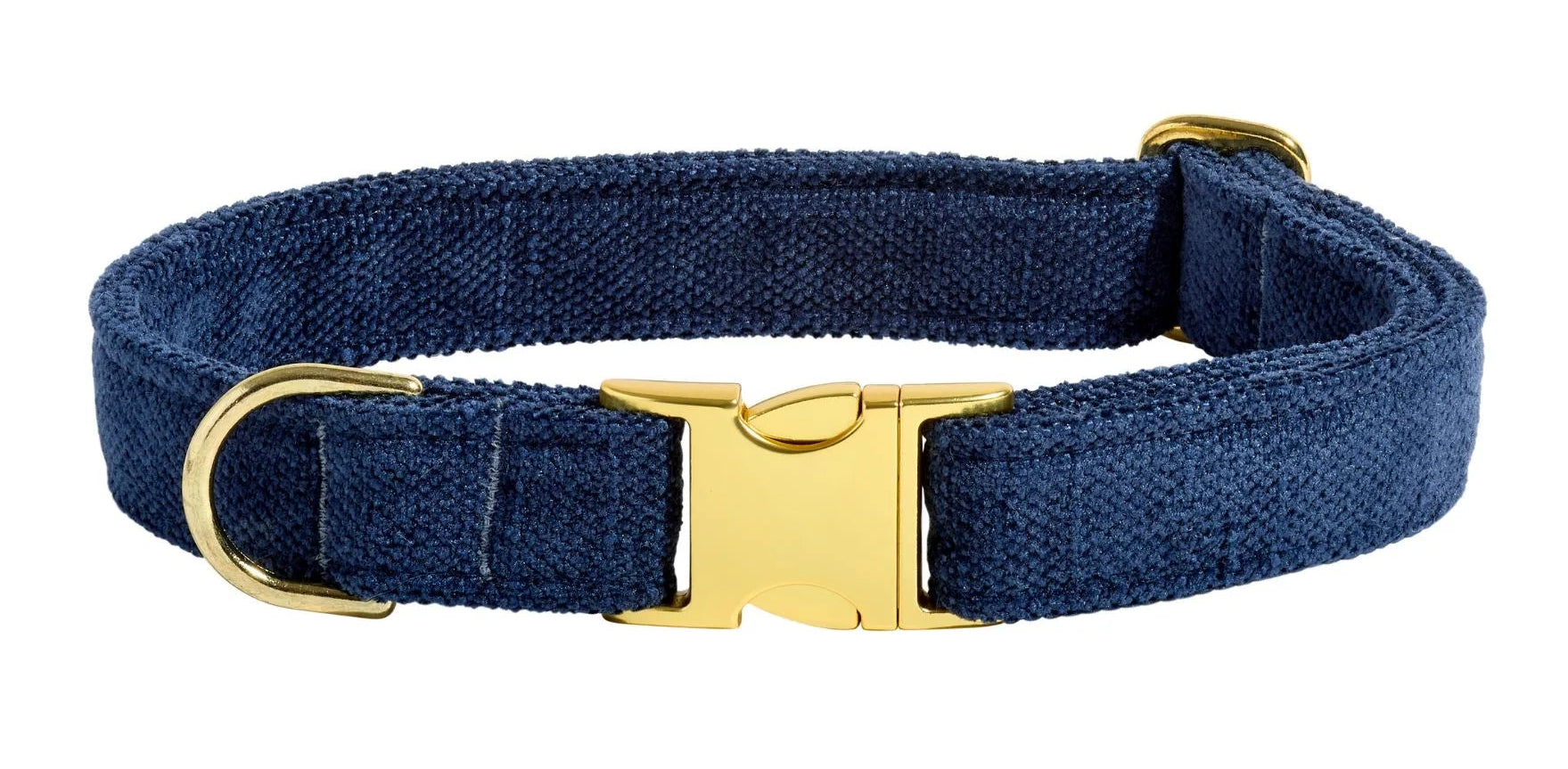 Navy blue dog collar with a gold buckle on a white background
