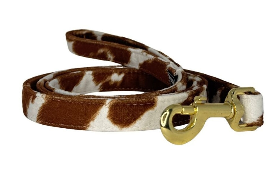 Dog leash with brown and white pattern and gold clasp on a white background