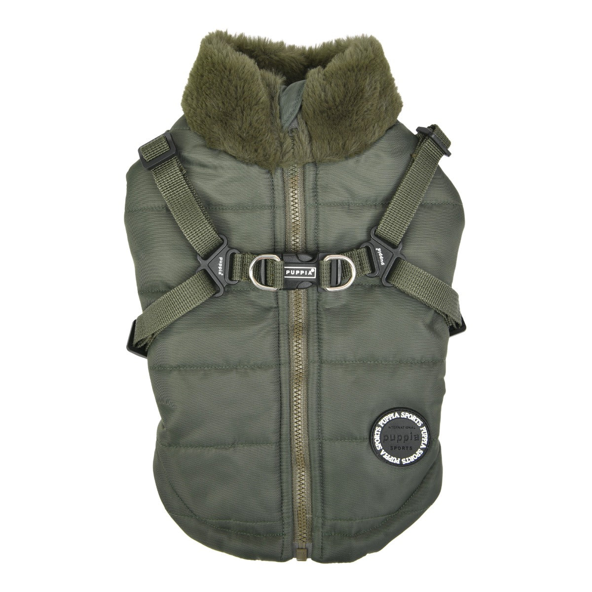 Green dog vest with harness and fur collar on a white background