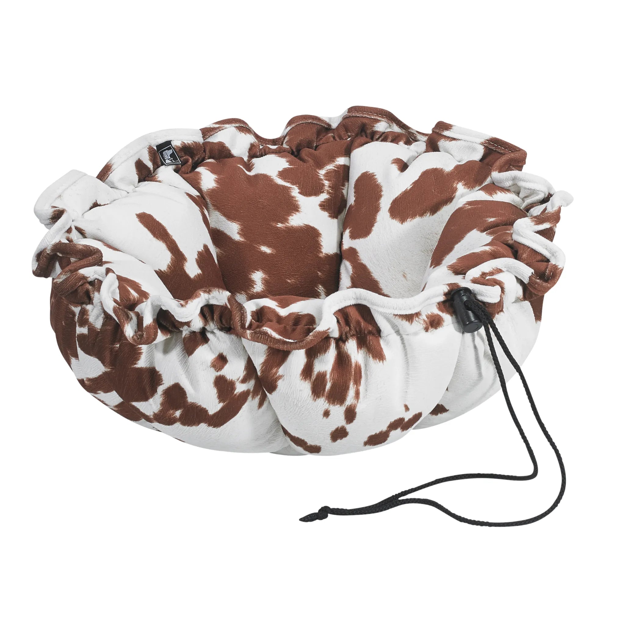 Drawstring bag with brown and white cow print pattern on a white background
