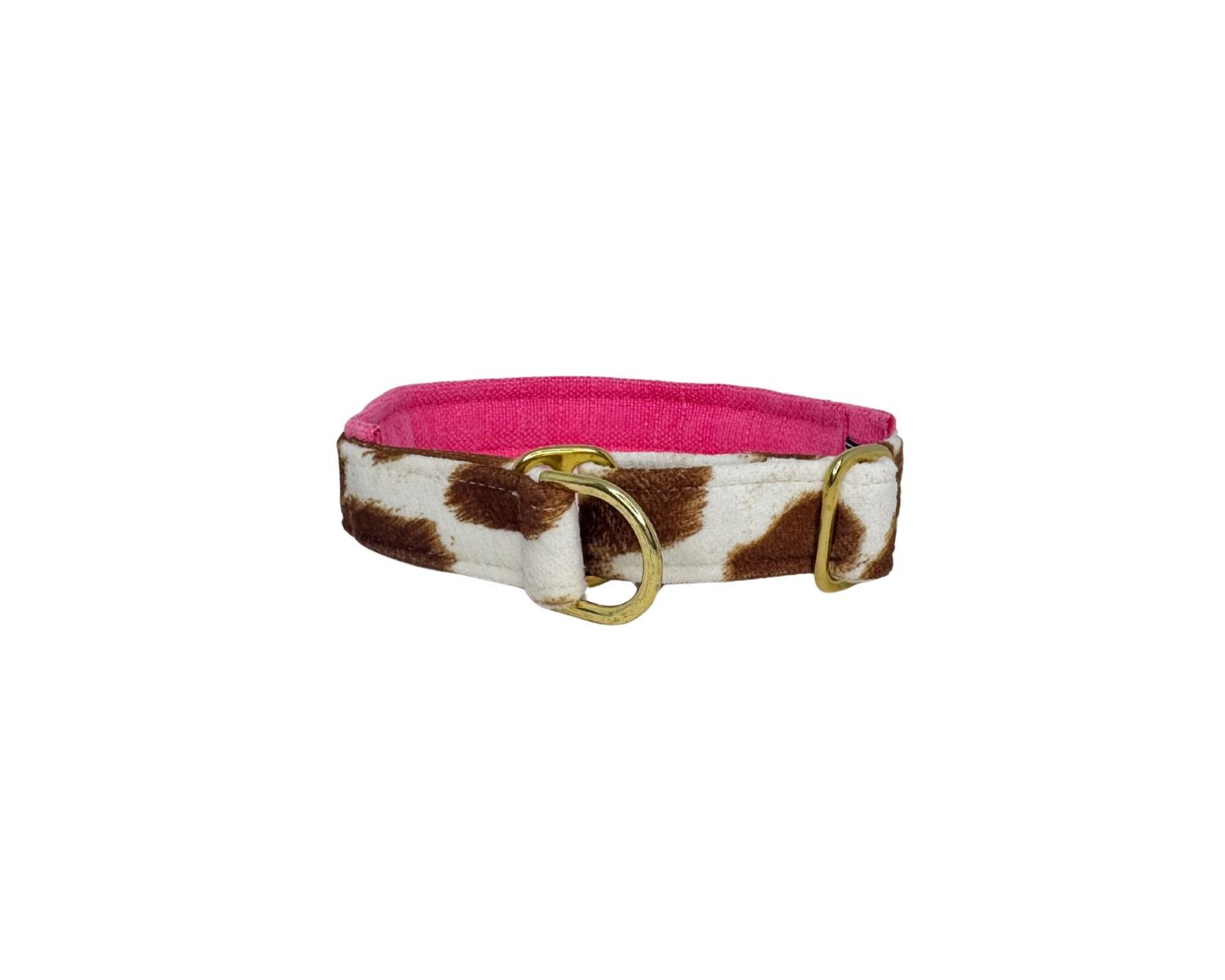 Dog collar with pink top and brown and white pattern on a white background