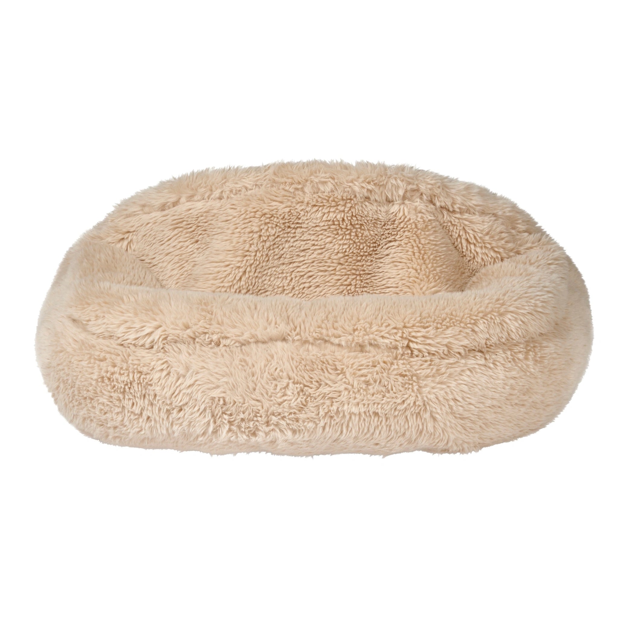 Beige fluffy pet bed on a white background