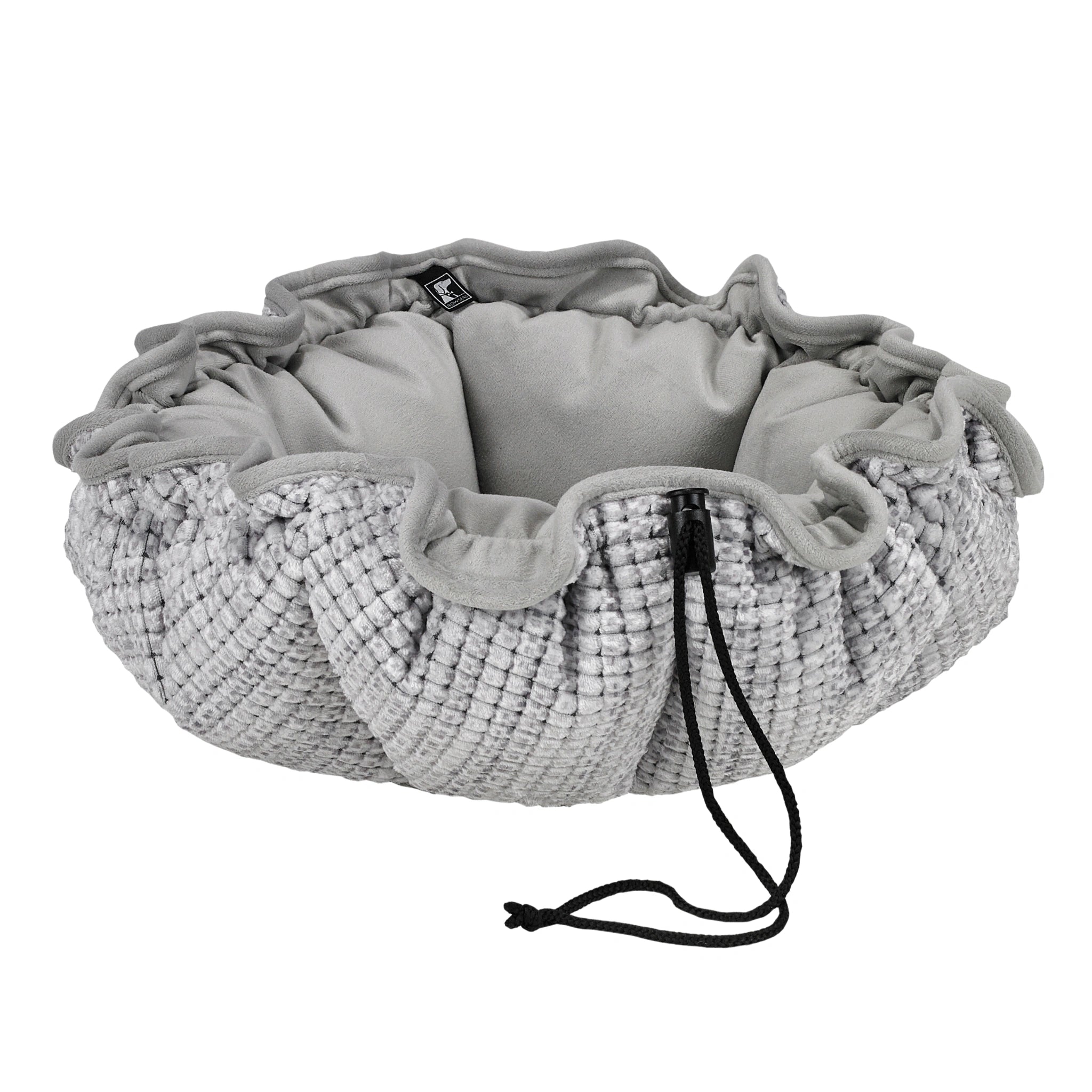 Gray drawstring bag with textured surface on a white background