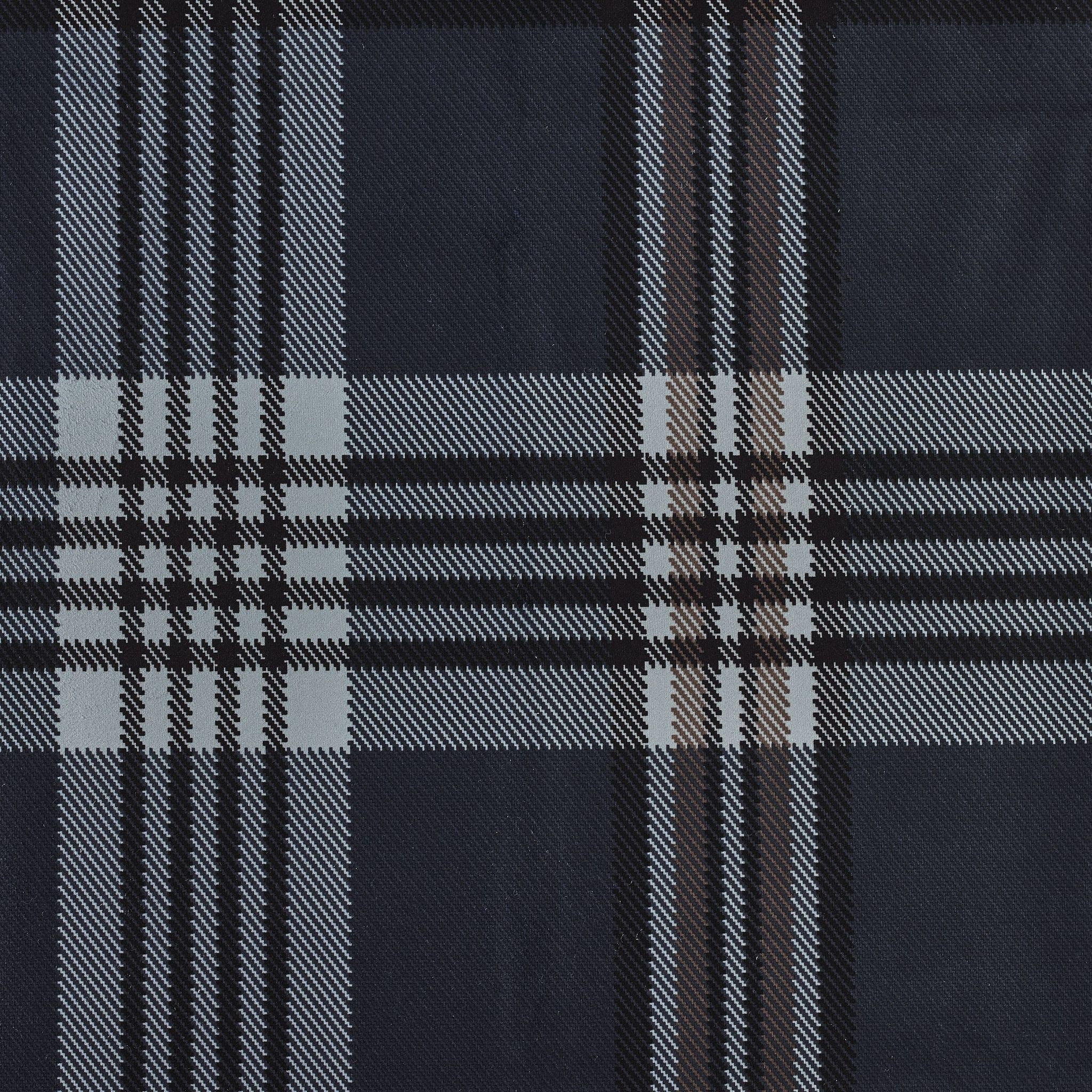 Close-up of a dark blue plaid fabric with intersecting lines.