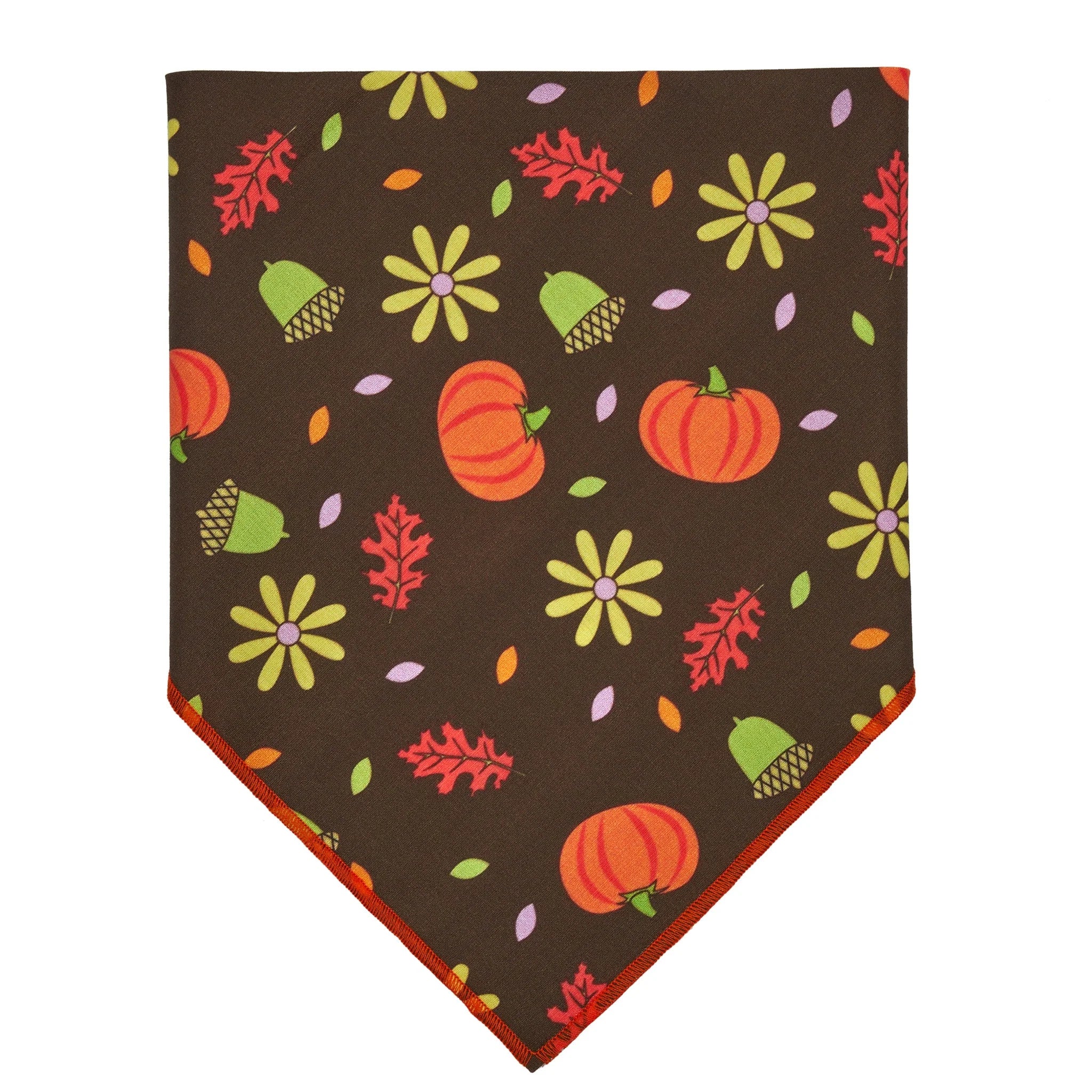 Brown bandana with colorful pumpkins, flowers, and leaves on a white background