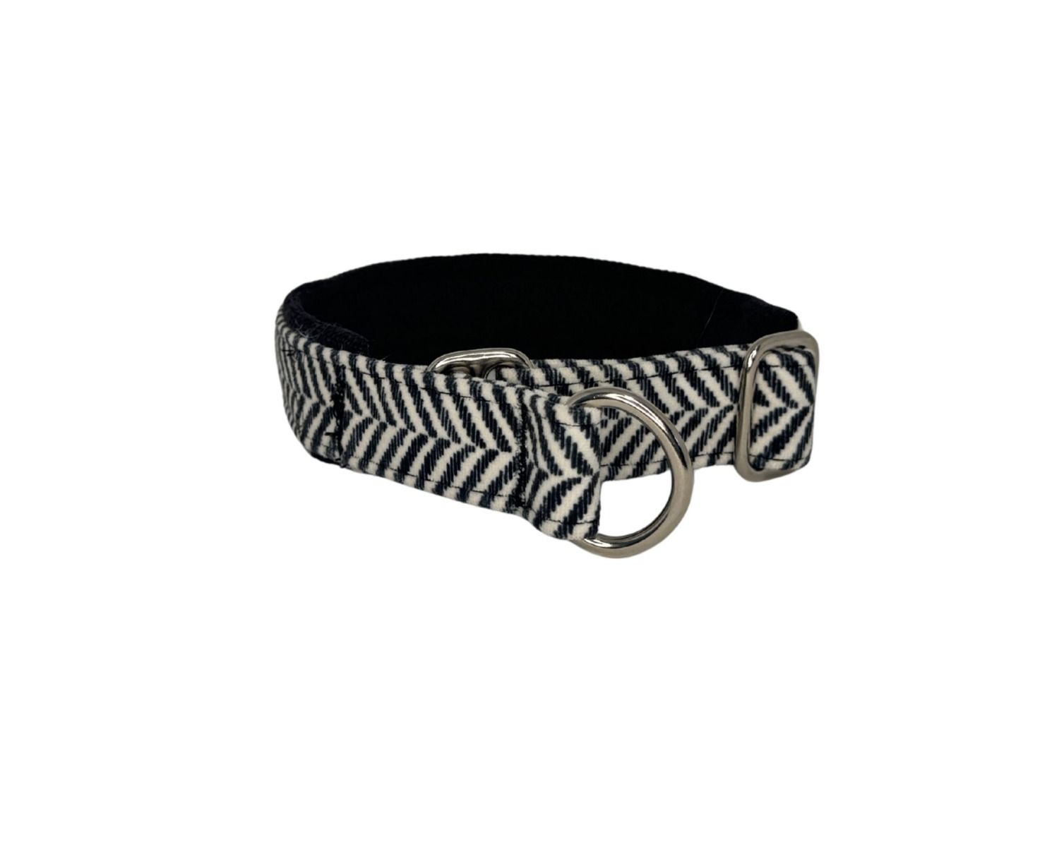 Black and white striped dog collar with a metal buckle on a white background