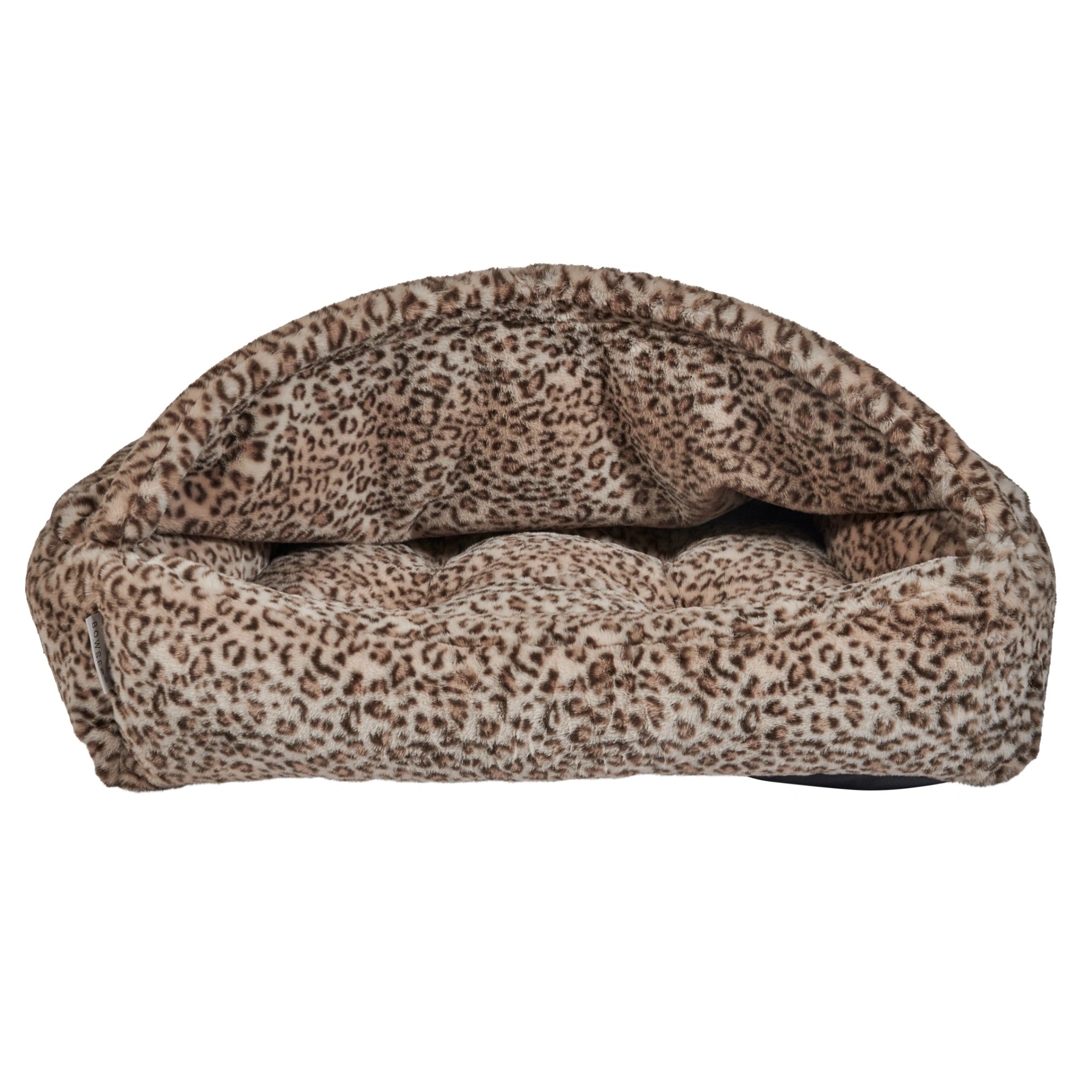 Leopard print pet bed on a white background