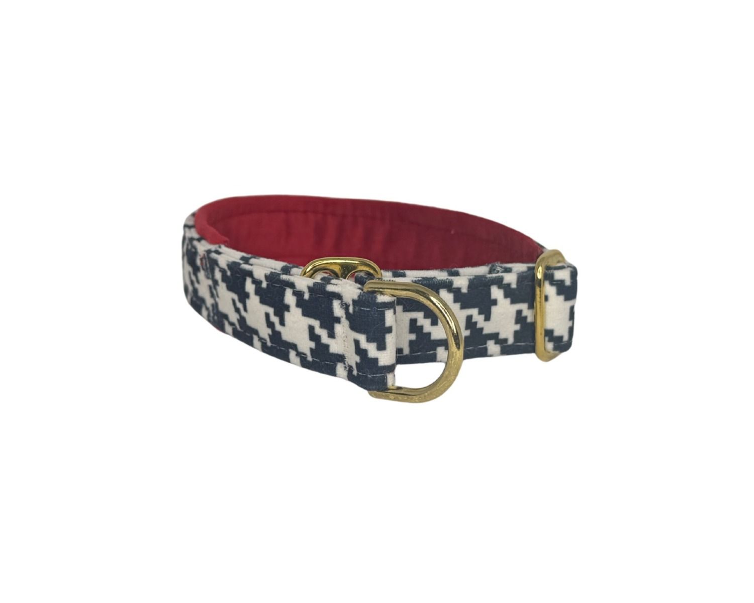 Dog collar with houndstooth pattern and red interior on a white background