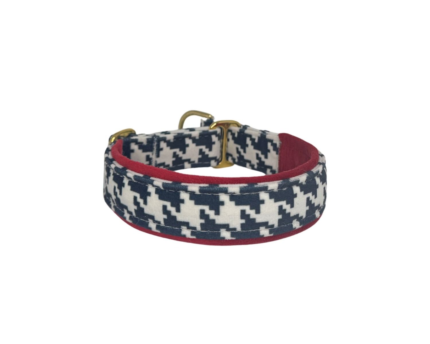 Dog collar with houndstooth pattern and red border on a white background