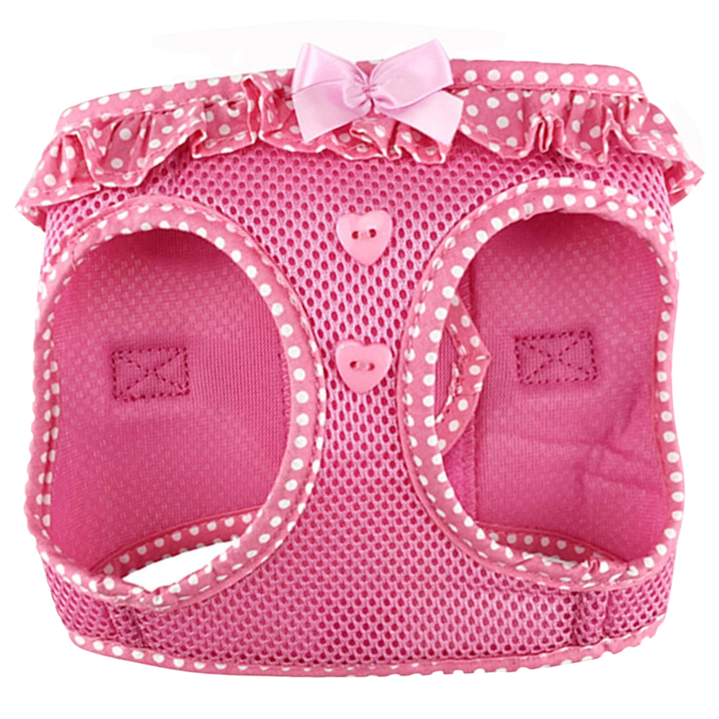 Pink pet harness with white polka dots and a bow on a white background