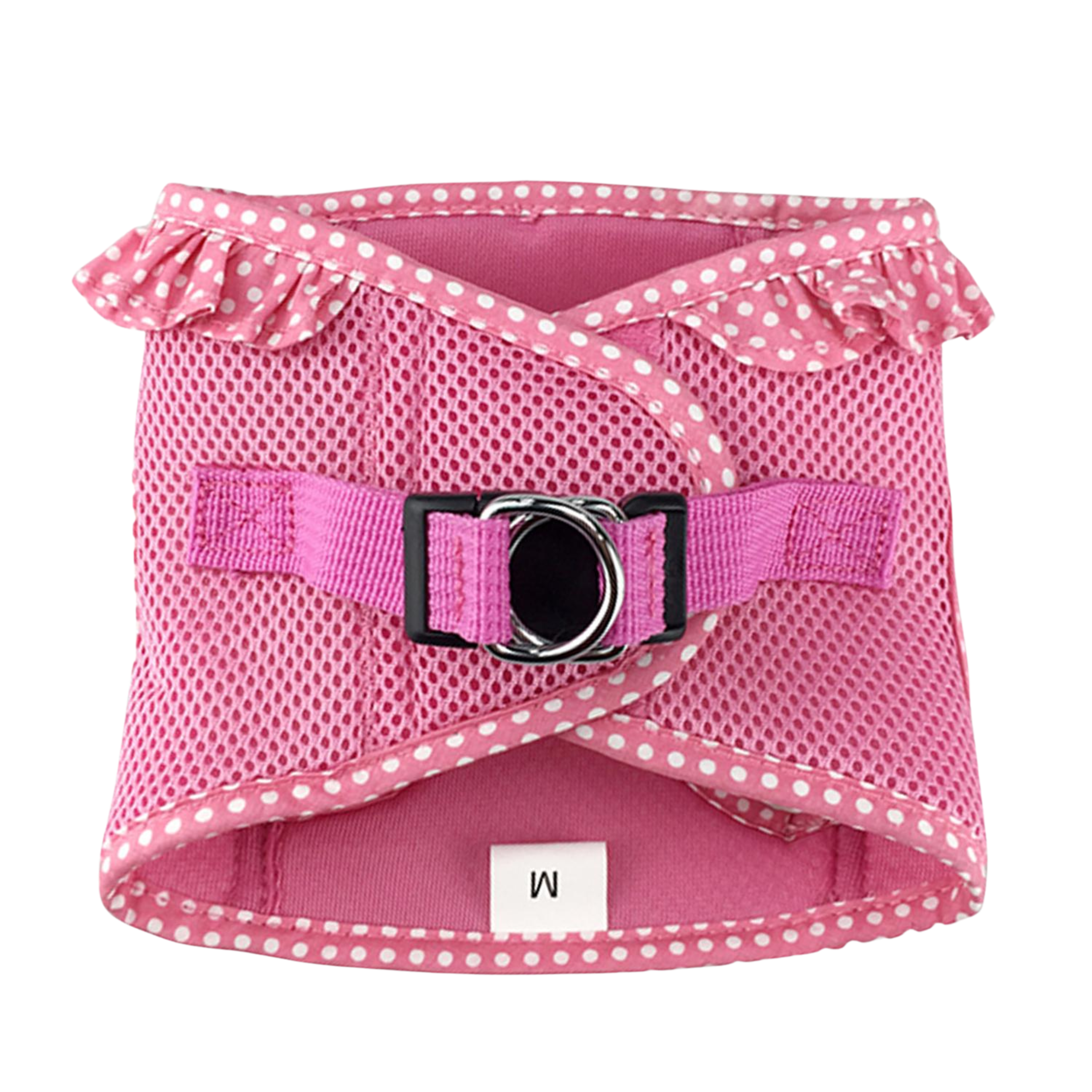 Pink polka dot pet harness with ruffles on a white background