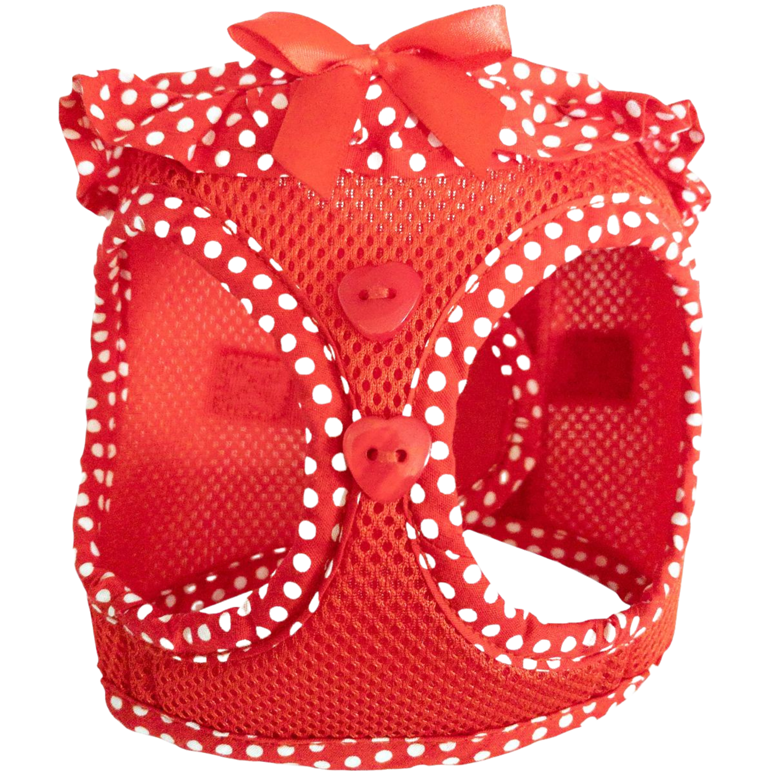 Red mesh bag with white polka dots and a red bow on a white background
