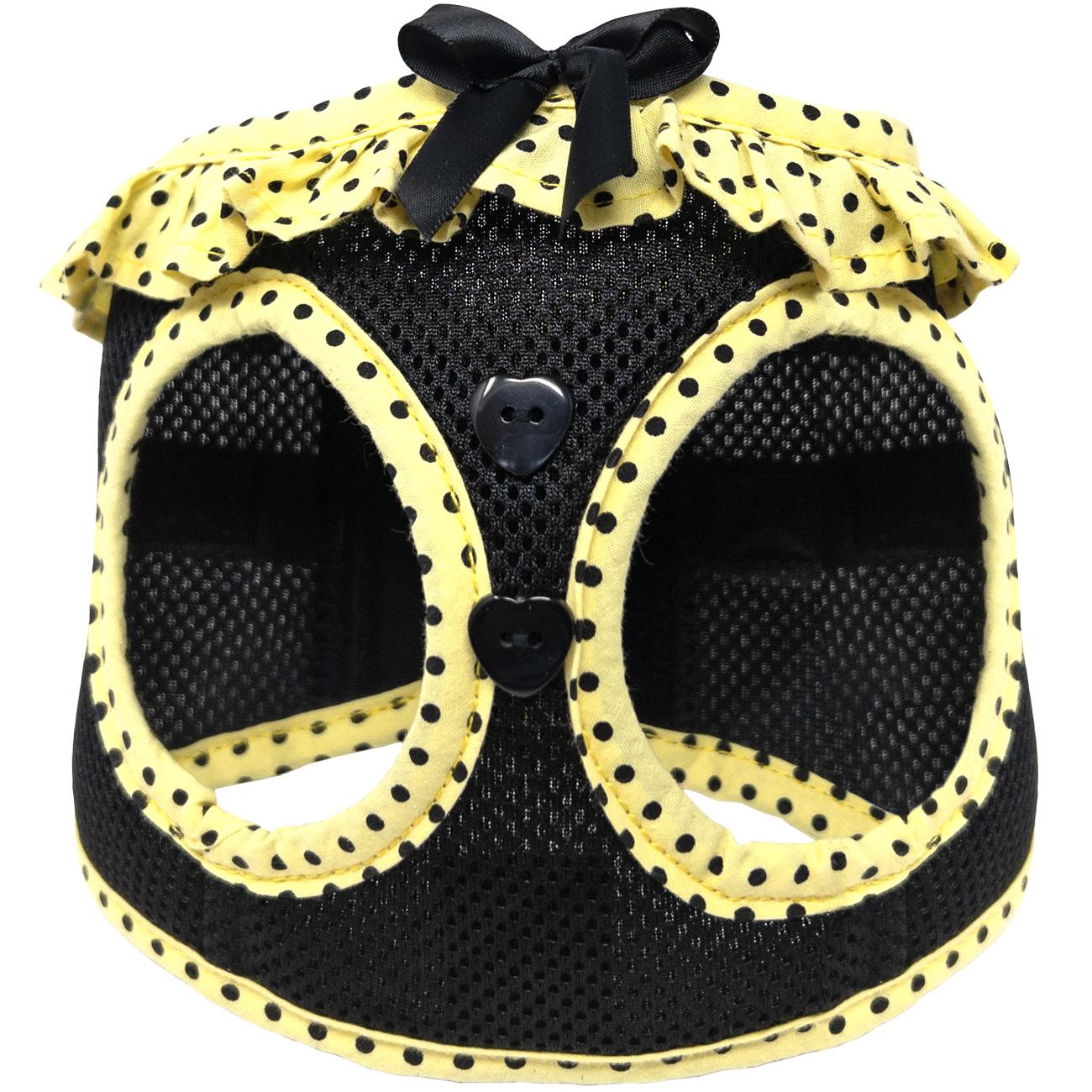 Black and yellow pet carrier with mesh sides and decorative bow on a white background