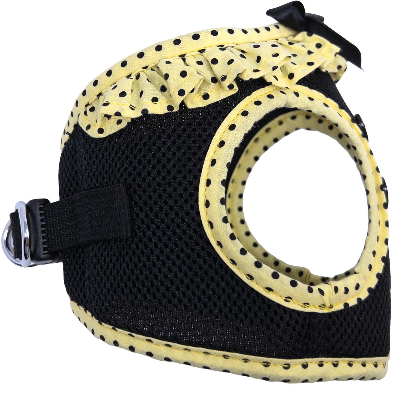 Black and yellow pet harness on a white background