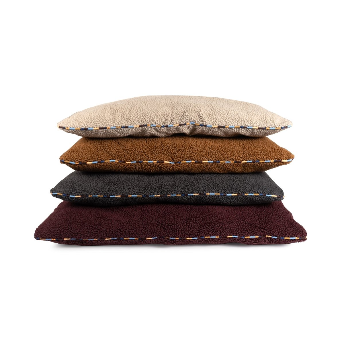 Brand Stripe Sherpa Pillow in Stone, Rust, Charcoal and Wine, stacked