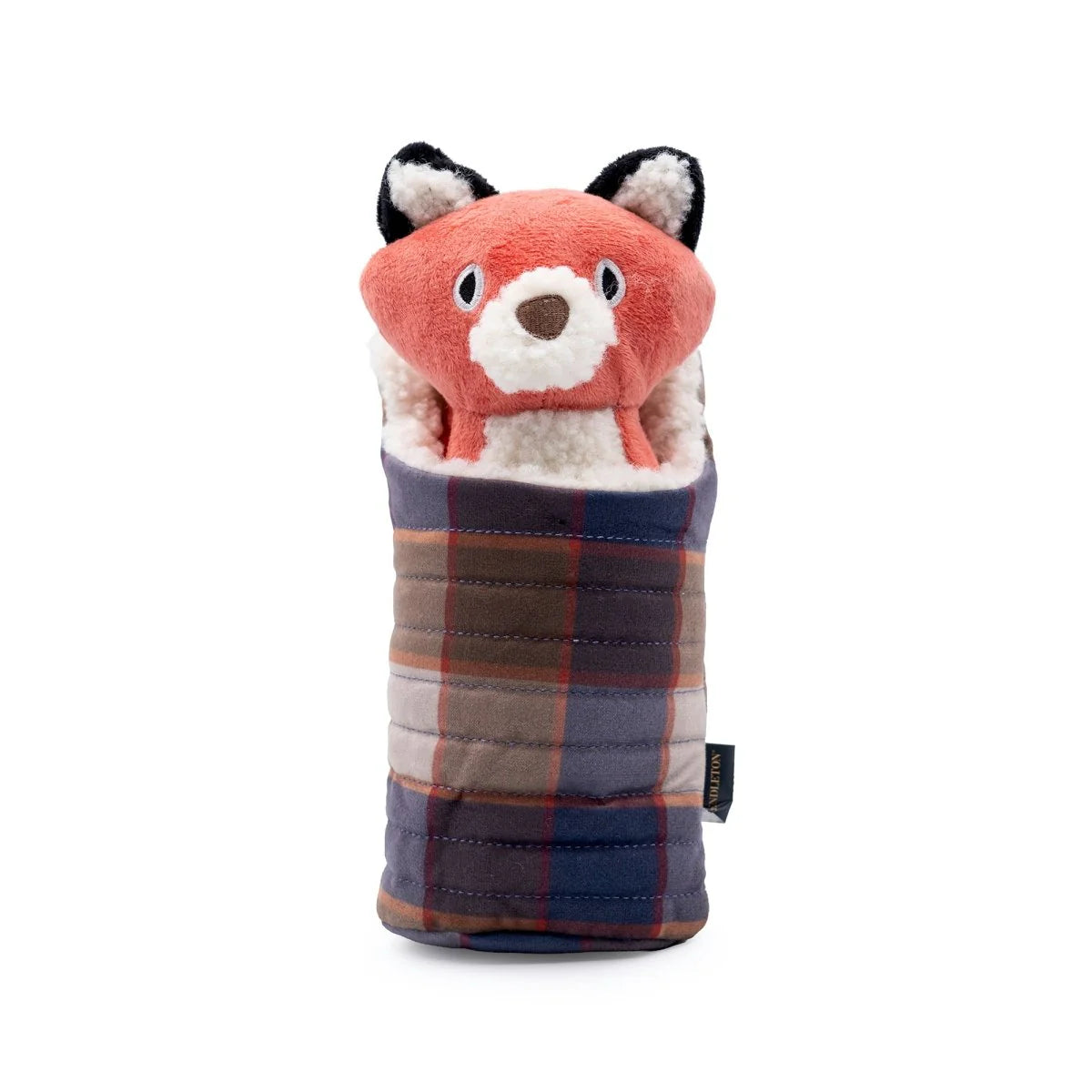 Plush fox toy with a plaid pattern on a white background