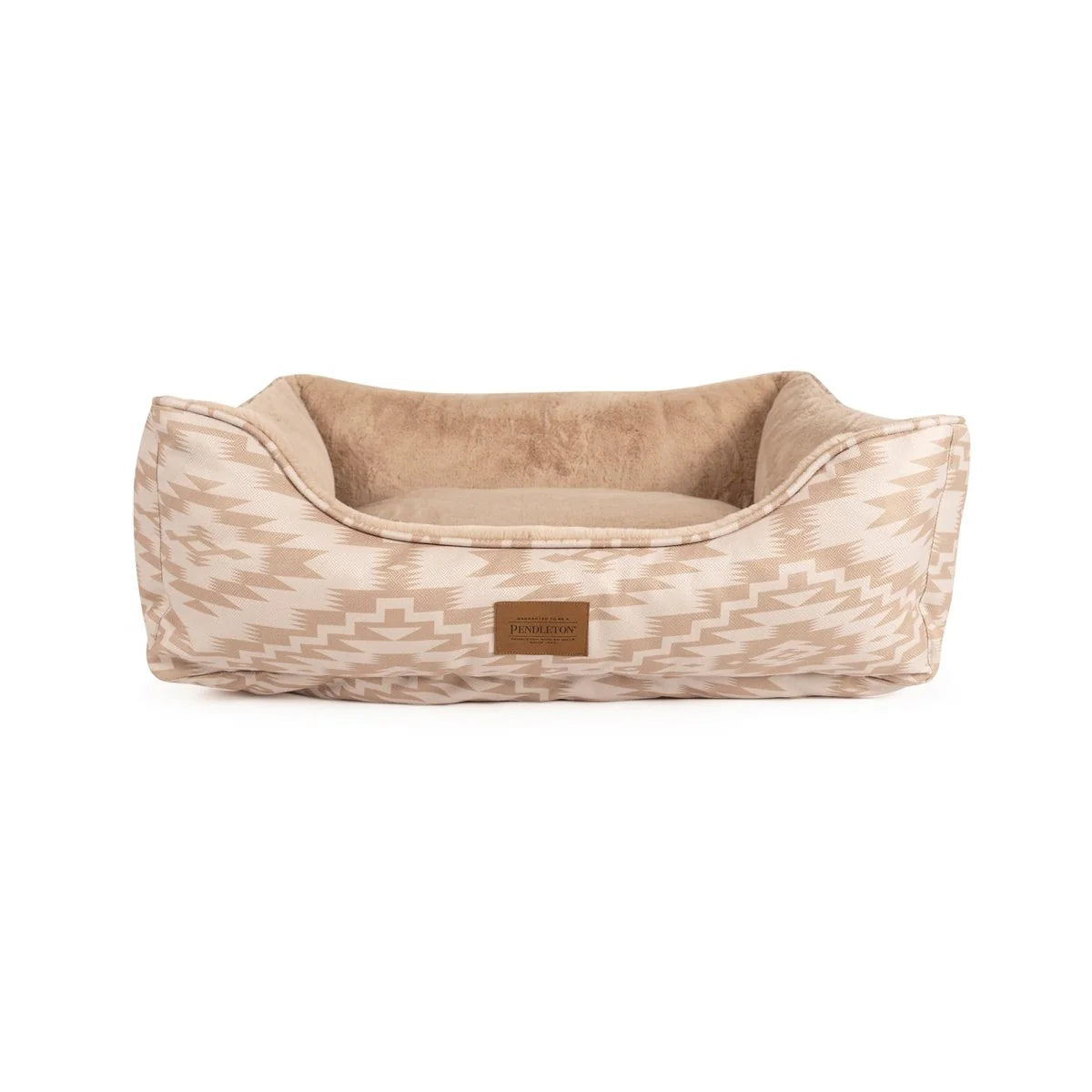 Pet bed with geometric pattern and brand label on a white background