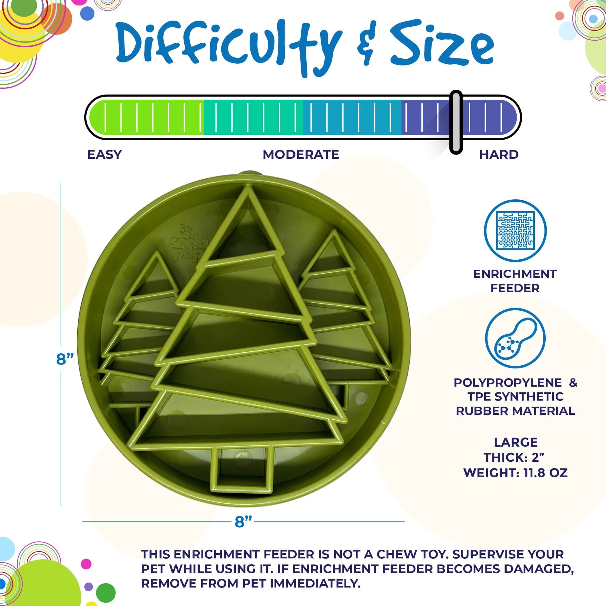Green enrichment feeder with size and difficulty rating information on a colorful background